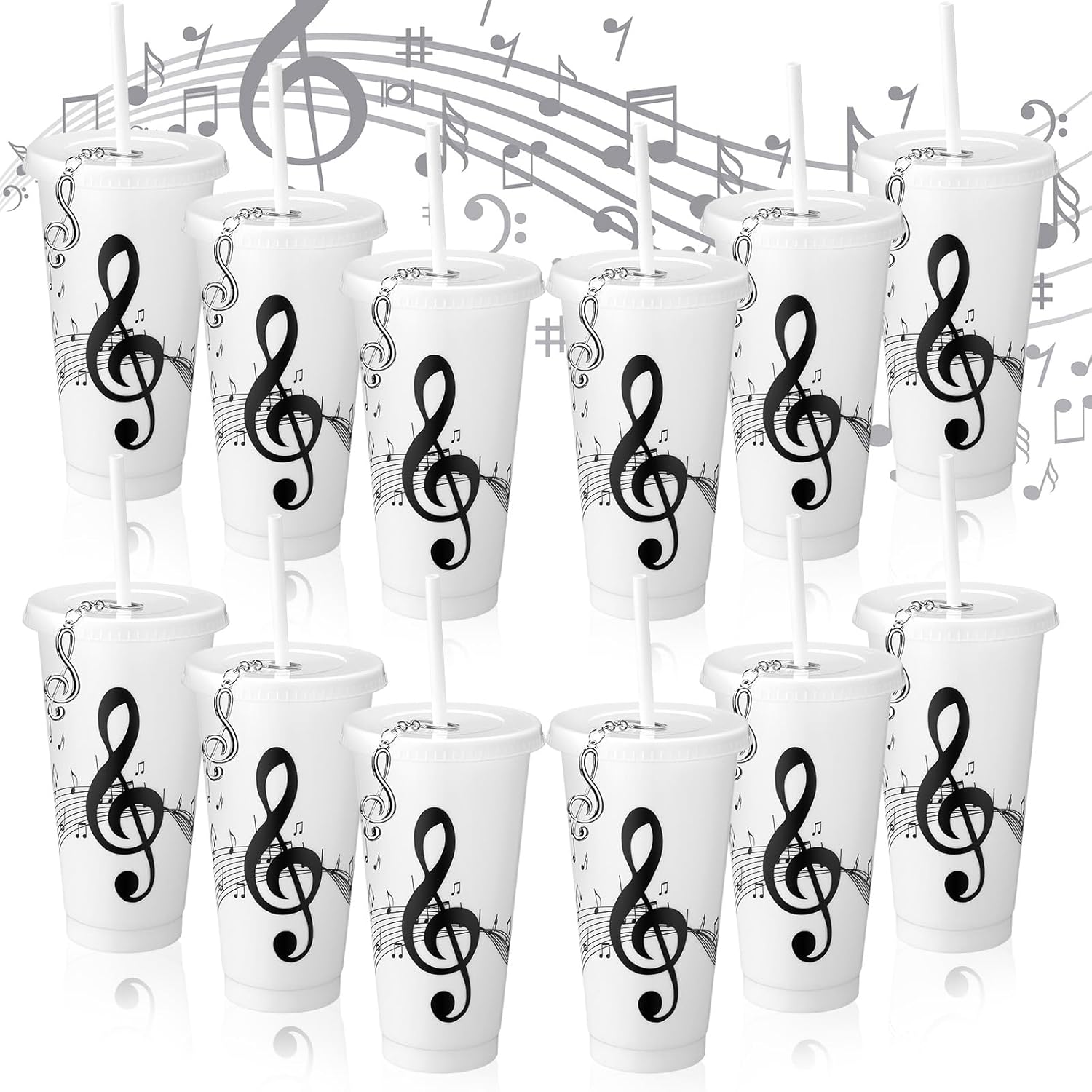 Skylety 12 Sets Music Themed Gifts Musical Note Tumbler Cups Bulk 24 oz Reusable Musical Note Plastic Tumbler with Straw and Lid Keychain Gifts for Music Lover Party Favor(White)