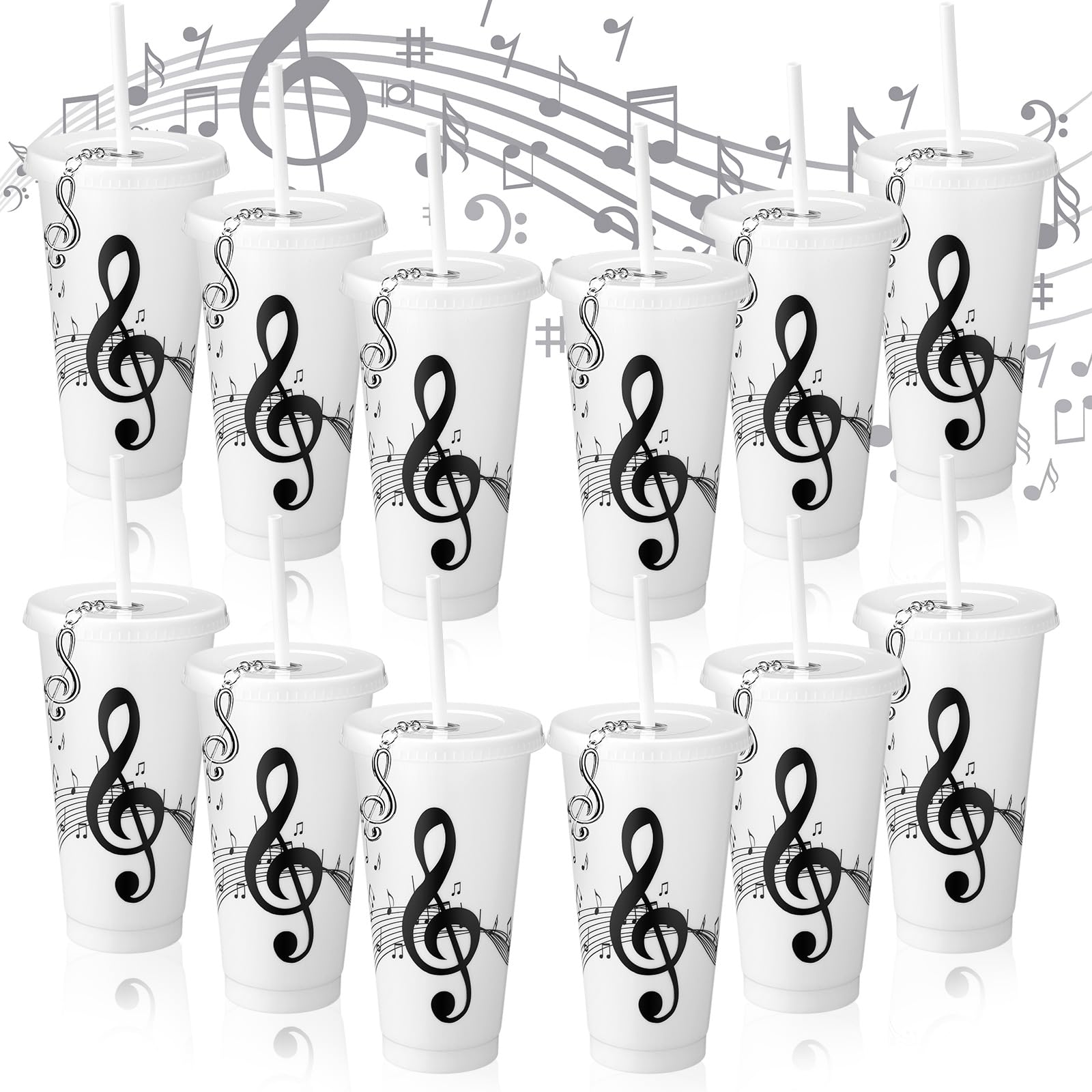 Skylety 12 Sets Music Themed Gifts Musical Note Tumbler Cups Bulk 24 oz Reusable Musical Note Plastic Tumbler with Straw and Lid Keychain Gifts for