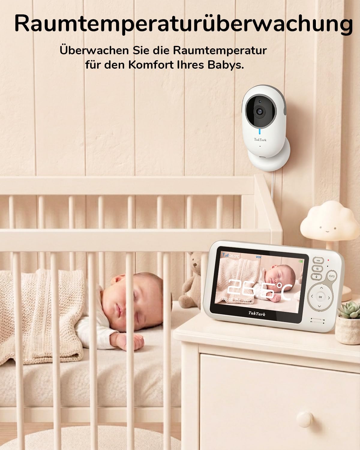 TakTark Babyphone mit Kamera, 4.3'' Babyphone Video Baby Monitor, Babyfon mit Kamera und Audio mit VOX, Gegensprechfunktion, Nachtsicht, Digitalzoom, Temperaturüberwachung und Keine störenden Lichter