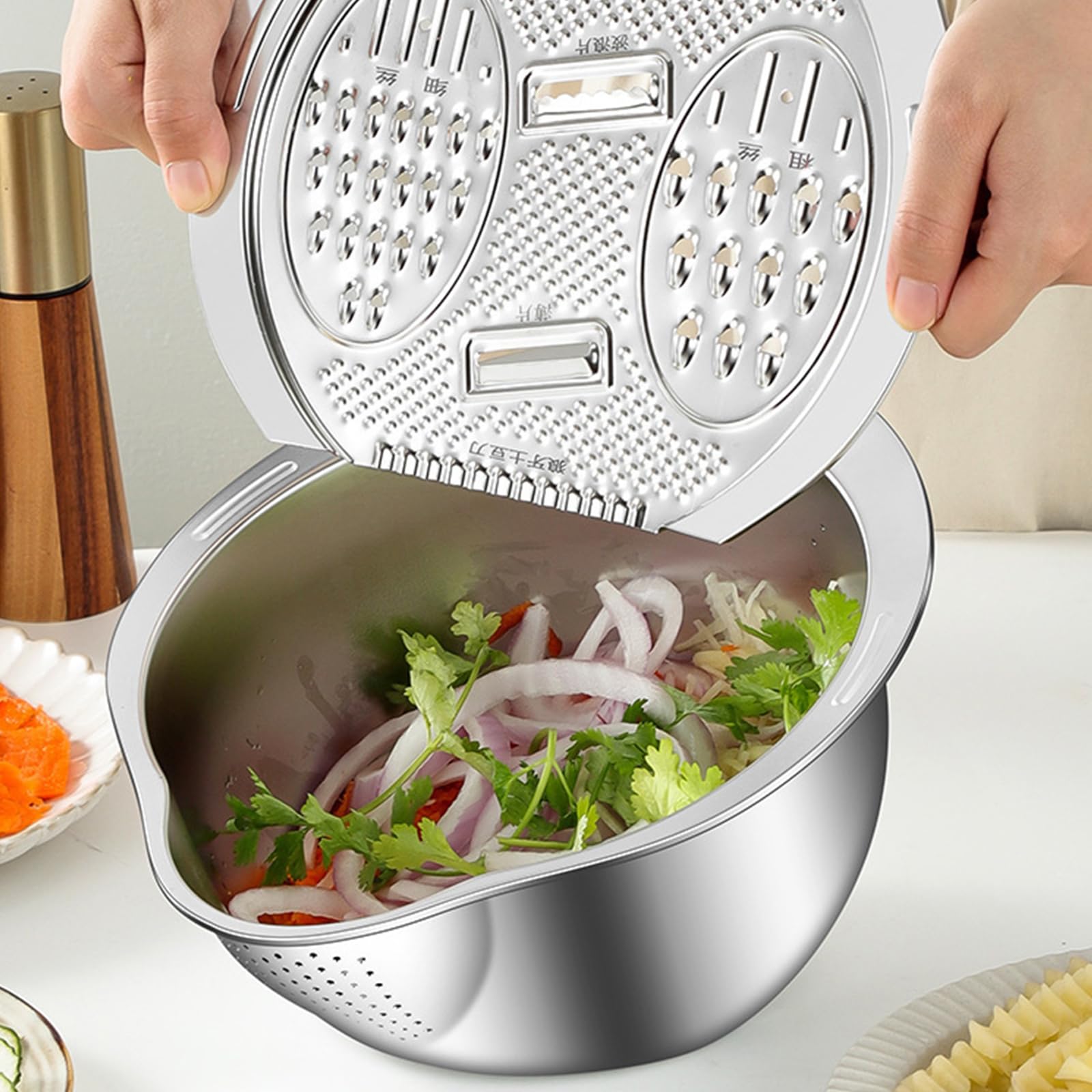 Modern Homes Kitchen Tool - Lavadora de arroz, colador de acero con rallador para drenar agua, cortar y rebanar, triturar arroz