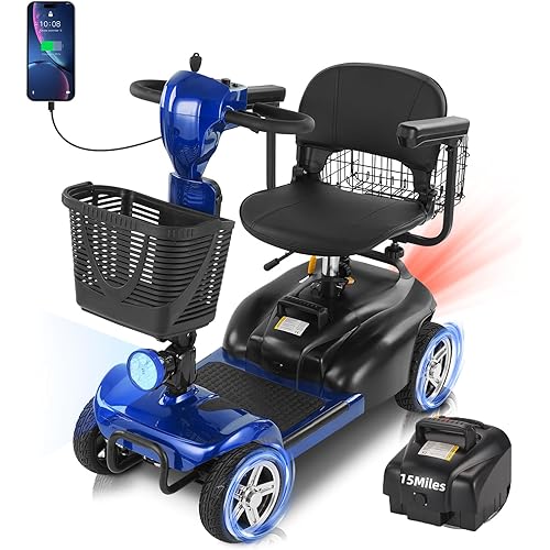 15/30 Miles 4 Wheels Mobility Scooter for Seniors/Adults Up to 300LBS,350W Electric Wheelchair Detachable Battery,Dual Baskets,Rotating Seat,USB Charging Blue with Extra Battery