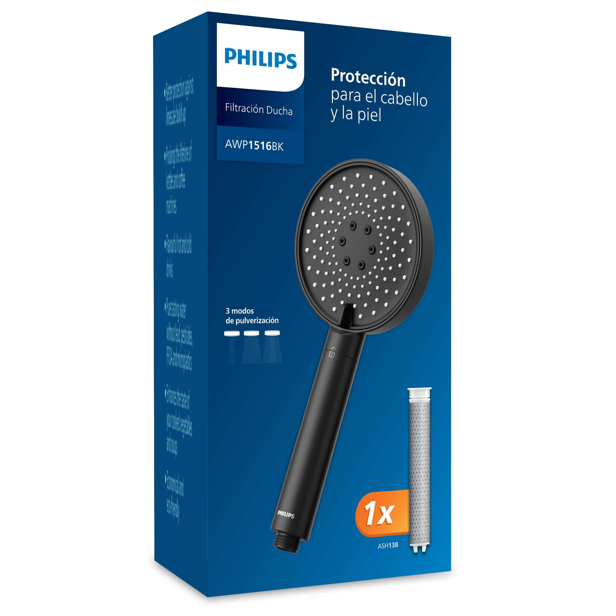 Philips Water filtro de ducha – protege piel y cabello, elimina cloro y partículas grandes, 3 modos de rociado, capacidad de filtrado 1 mes, negro