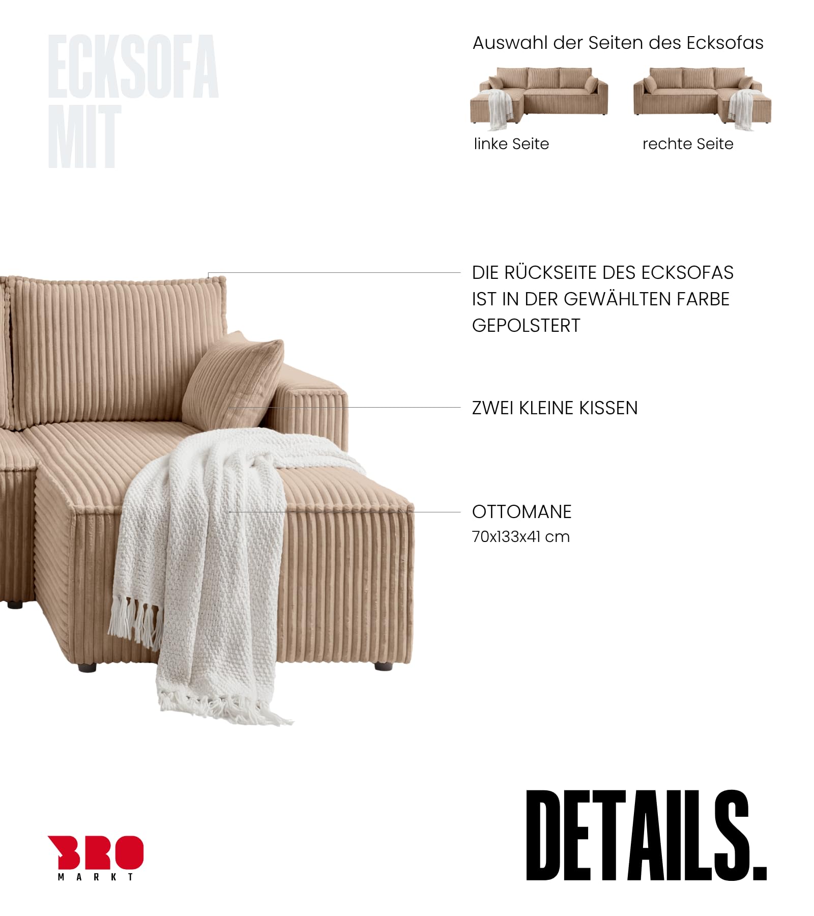 BROMARKT Sofa mit Schlaffunktion L Form Ecksofa mit Bettkasten Hellbraun | Couch Eckcouch Schlafcouch Schlafsofa Sofabett Eckschlafsofa 235x133x85 cm 3 Sitzer Wohnlandschaft Cordstoff PILO