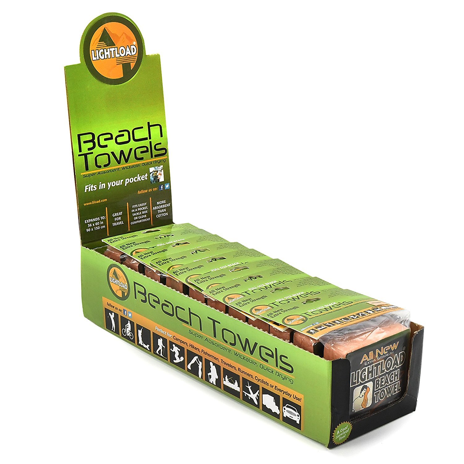 The Beach Towel that Fits in Your Pocket, Extra Strength Biodegradable Reusable, Only 128 Grams, Antibacterial, The Multi-tool for the Outdoors-12 piece Retail Display 90x150cm Lightload Towels