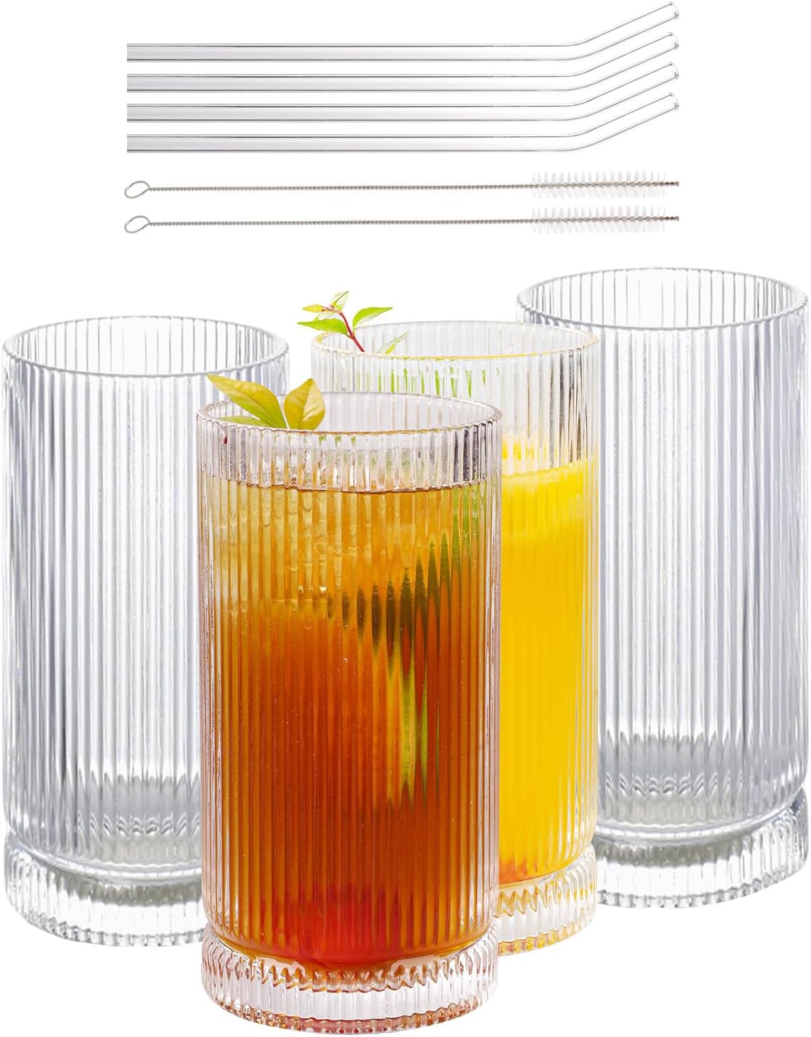 Vintage Ribbed Glassware Set with straws, 16oz Drinking Glasses, Origami Style Set of 4, Fluted Design, Ideal for Water, Iced Coffee, Juice, Beer, Milk, Cocktail, Gift 16oz with straws