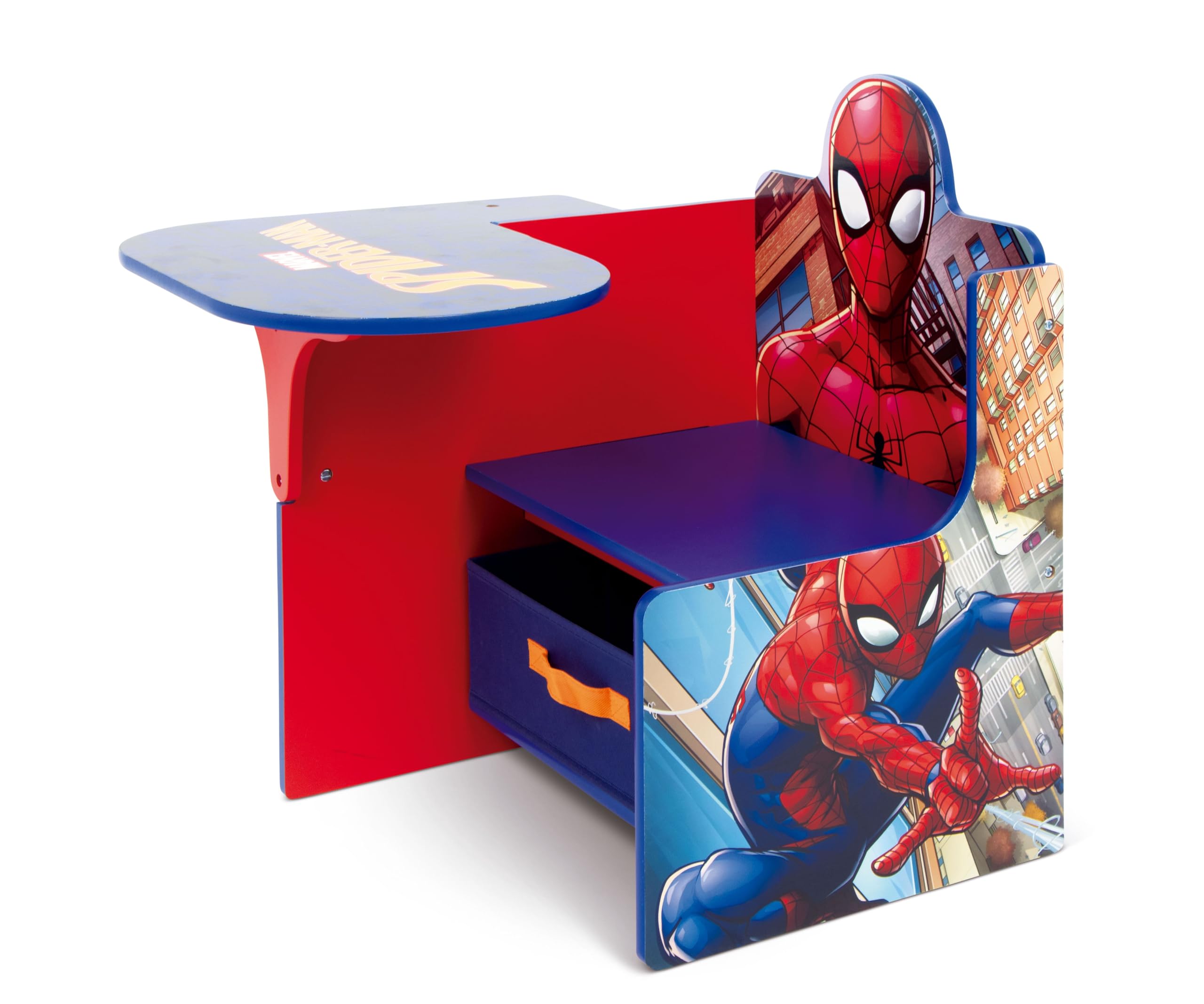 ARDITEX - Silla-Pupitre Infantil de Madera con contenedor Textil de Spiderman de Marvel - 62x30x60cm - Color Azul - Ideal para Manualidades, estudiar o Jugar.