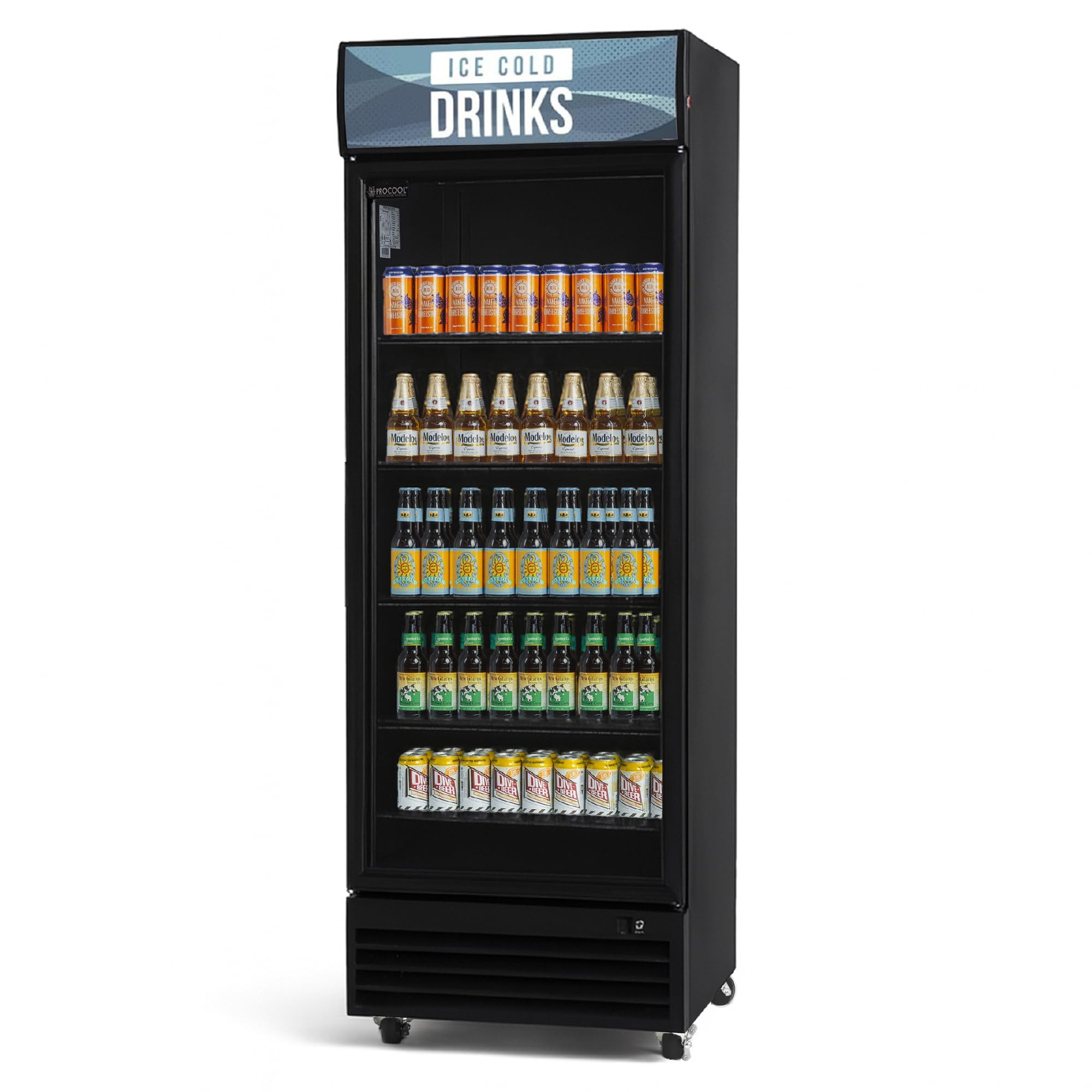 Procool Black Display Refrigerator, 19.4 CuFt, 1 Door, Ice Cold Drinks Sign