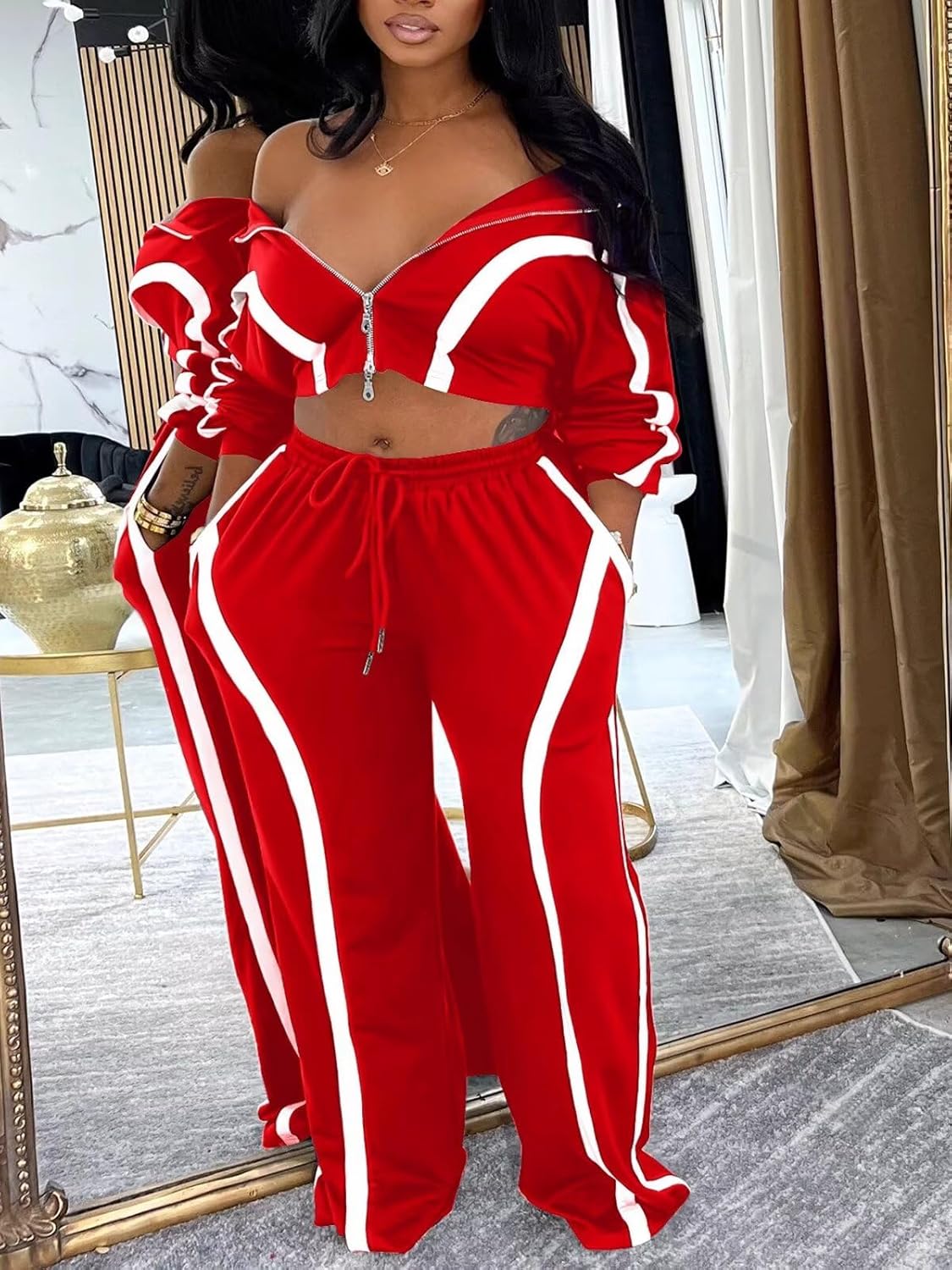 Women Striped 2 Piece Outfits Long Sleeve Zip Up Jacket Top and Wide Leg Pants Set Tracksuits with Pocket - Image 2