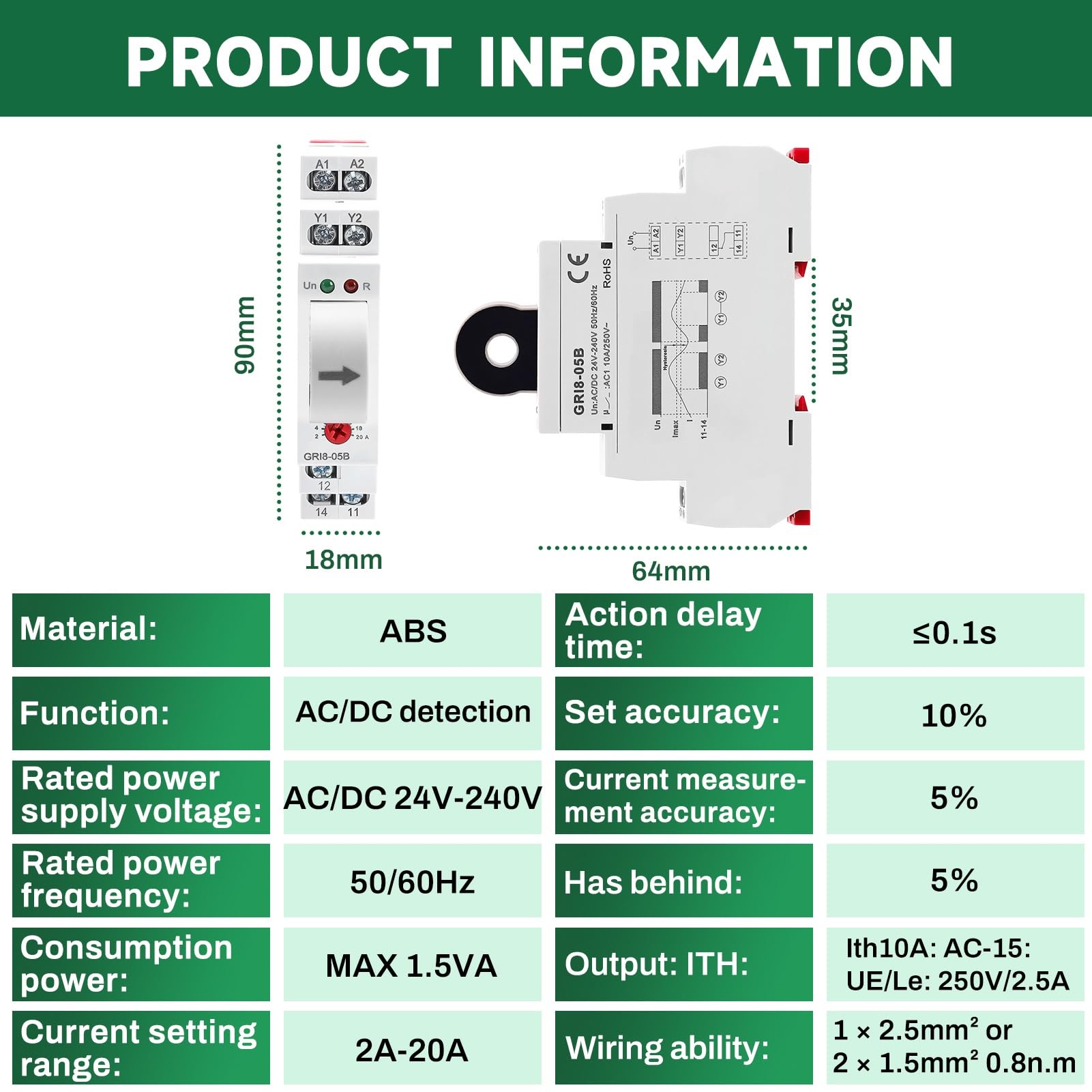 DEWIN Relé, GRI8-05B Relé de Corriente Monitorización AC/DC, Monitorización de Sobrecorriente/Subcorriente AC/DC 24V-240V (Corriente ajustable 2A-20A)