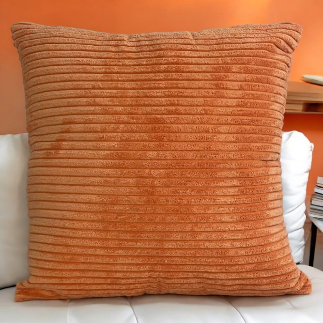 Seechoo Corduroy Cushion Covers, Set of 4, 40 x 40 cm, Plain Soft Striped, Assorted Colours (Orange), 40 x 40 cm (Pack of 4) - Image 2