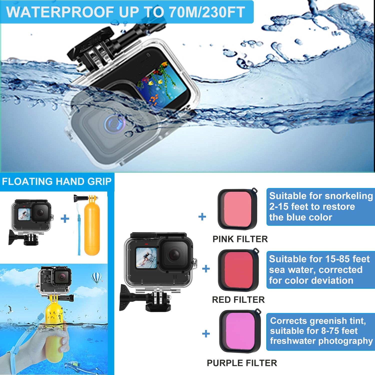 Accessori per GoPro Hero 13 Black, Saprdii Custodia Impermeabile Custodia Protettiva Impermeabile Caso Impermeabile Accessori Snorkeling, Selfie Stick Filtri e altro ancora, Kit Accessori Bundle per