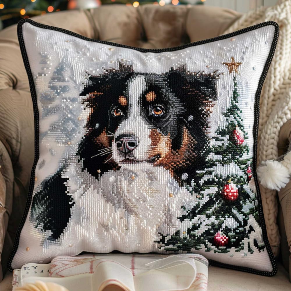 RKFLGEW Latch Hook Cushion Kits Border Collie Animal DIY Latch Hook Cushion Kit Beginners Adults Teenager Gift Embroidery Home Decoration Latch Hook KitDe Loquet
