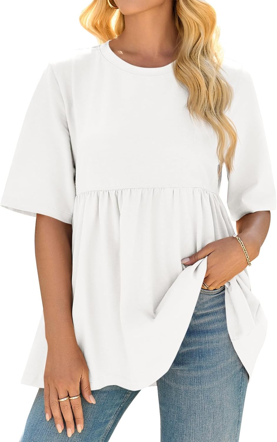 Cicy Bell Womens Summer Babydoll Tops Oversized Short Sleeve Crewneck T Shirts Peplum Casual Loose Blouse