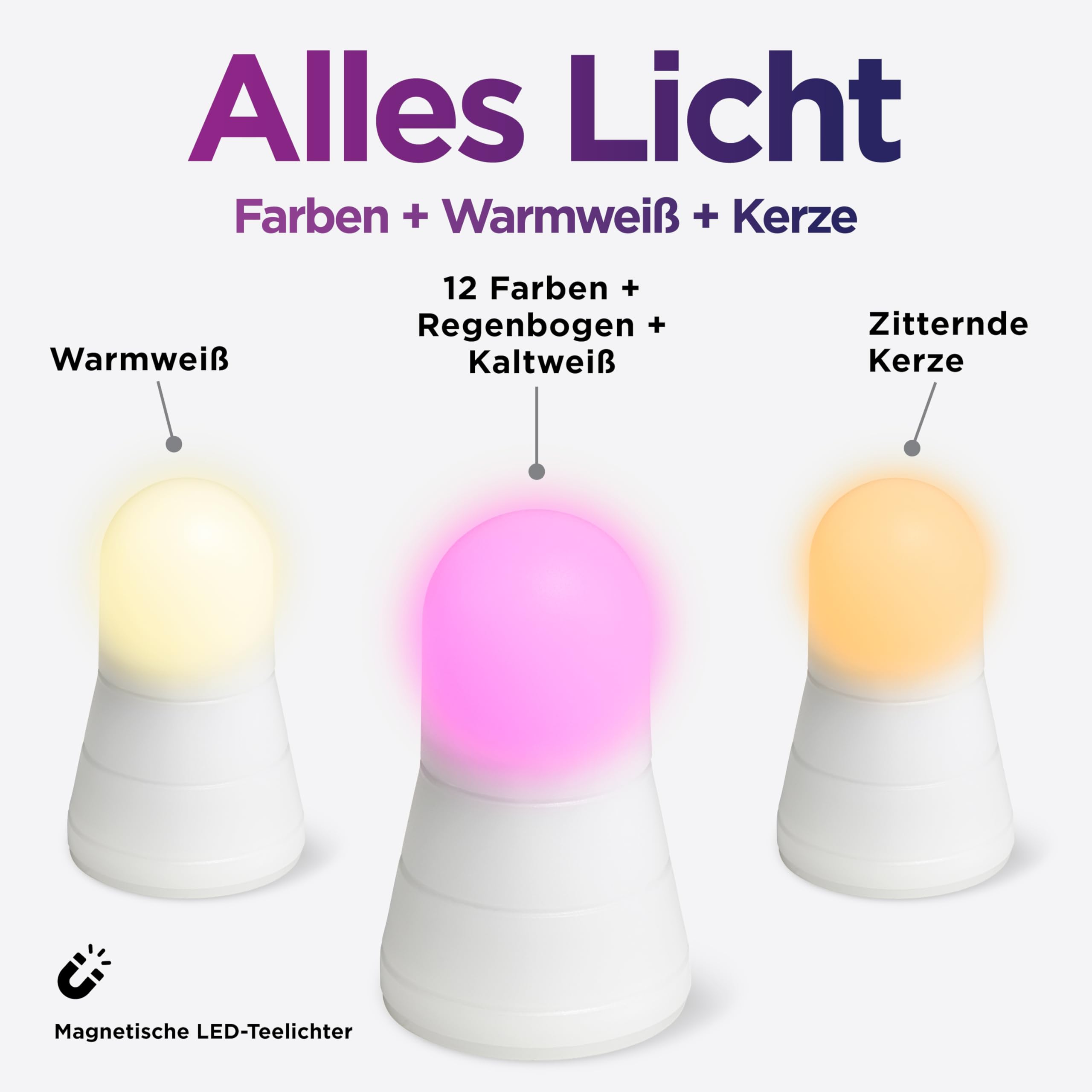 Madrigal Color&Mood: Set mit 12 LED-Teelichtern RGB + Warmweiß + Flackernde Flamme – Wiederaufladbar mit Fernbedienung – Verbesserte Magnetbasis