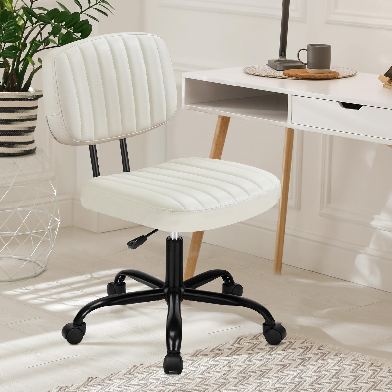 DUMOS Armless Home Office Desk Chair - Small Ergonomic Lumbar Support Height Adjustable PU Leather Computer Task Rolling Wheel with 360 Degree Rotation for Small Spaces, Beige White