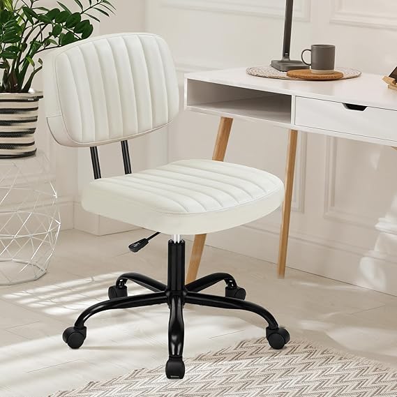 DUMOS Armless Home Office Desk Chair -Small Ergonomic with Low Back Lumbar Support, Height Adjustable PU Leather Computer Task with 360° Swivel Rolling Wheels, for Small Space, Beige White