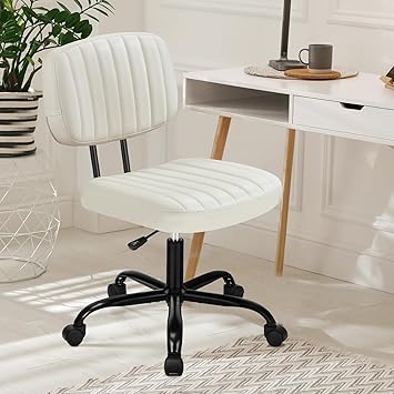 DUMOS Armless Home Office Desk Chair -Small Ergonomic with Low Back Lumbar Support, Height Adjustable PU Leather Computer Task with 360° Swivel Rolling Wheels, for Small Space, Beige White