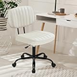 DUMOS Armless Home Office Desk Chair -Small Ergonomic with Low Back Lumbar Support, Height Adjustable PU Leather Computer Task with 360° Swivel Rolling Wheels, for Small Space, Beige White