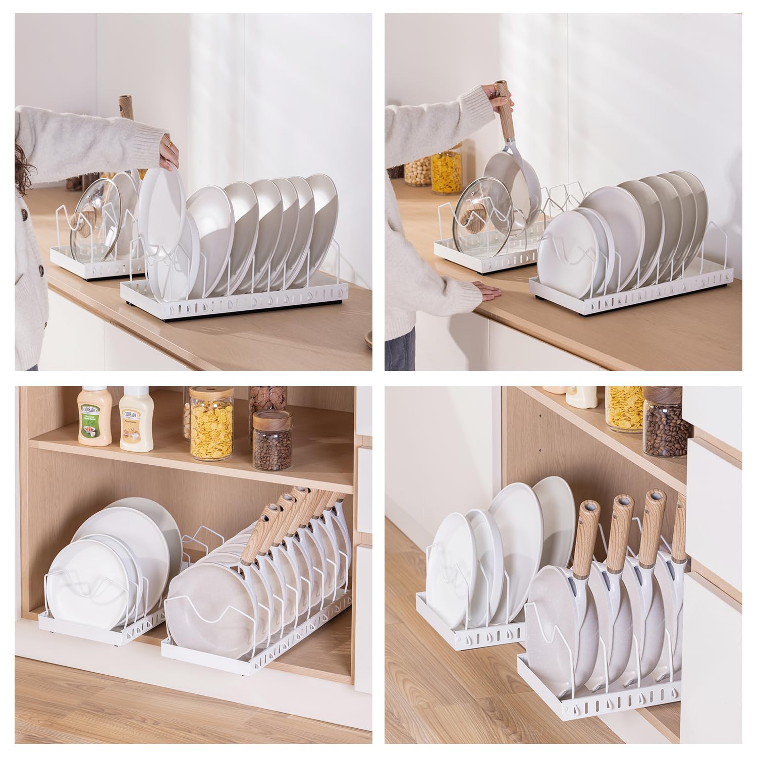 KEXIBO 2 pezzi Porta Coperchi Pentole Scorrevole, porta coperchi pentole salvaspazio, Organizer Padelle con 8 Scomparti Regolabili per Padelle, Coperchi Organizer Cucina, Bianco