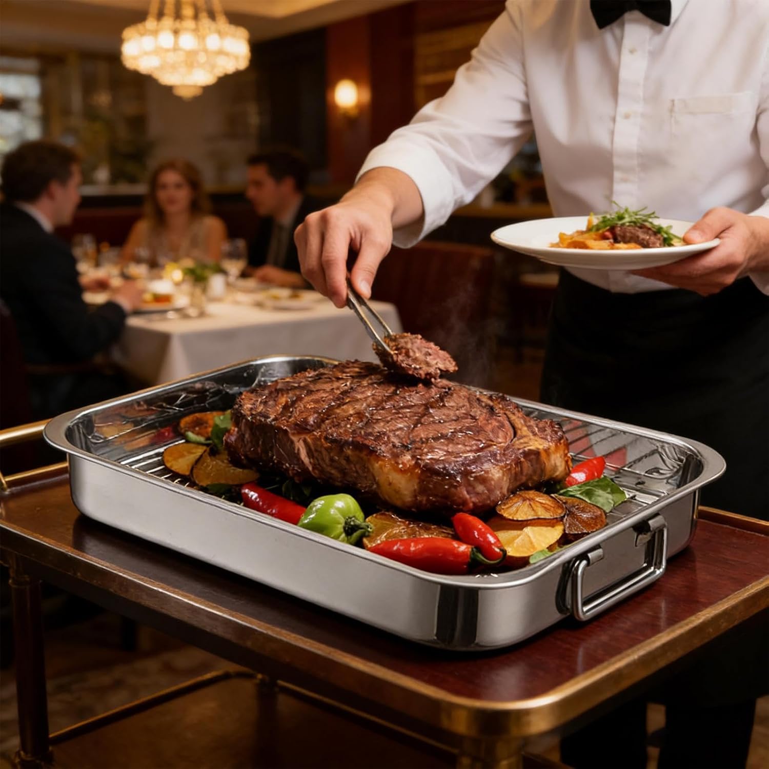 Chicken Roasting Pan - Stainless Steel Pot with Rack, Cooking Utensils Accessory Durable Construction, Kitchen Tool Easy Use, Home Cooking Equipment, Thanksgiving Holiday for Turkey Ham Dinner Party