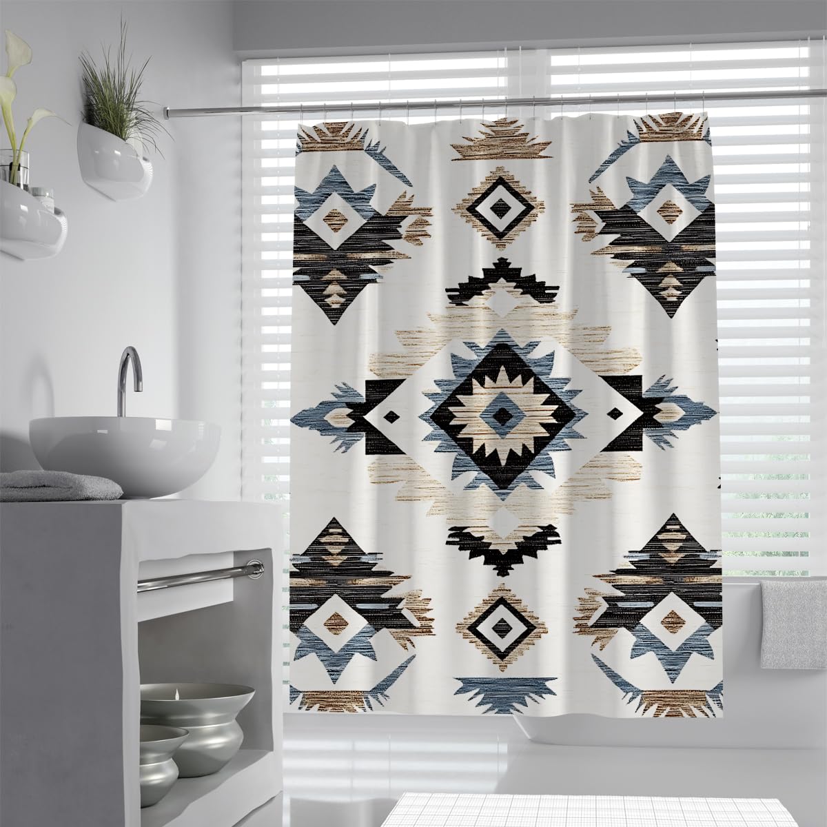 UERWOWELL Boho-Ethnic Style Shower Curtain Traditional Arrowhead Symmetrical Emblem Pattern Shower Curtain for Restroom Decoration Polyester Fabric W180xL200 cm