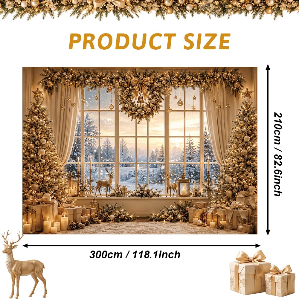 MEHOFOND Telón de fondo dorado para ventana de árbol de Navidad, 3 x 2,1 m