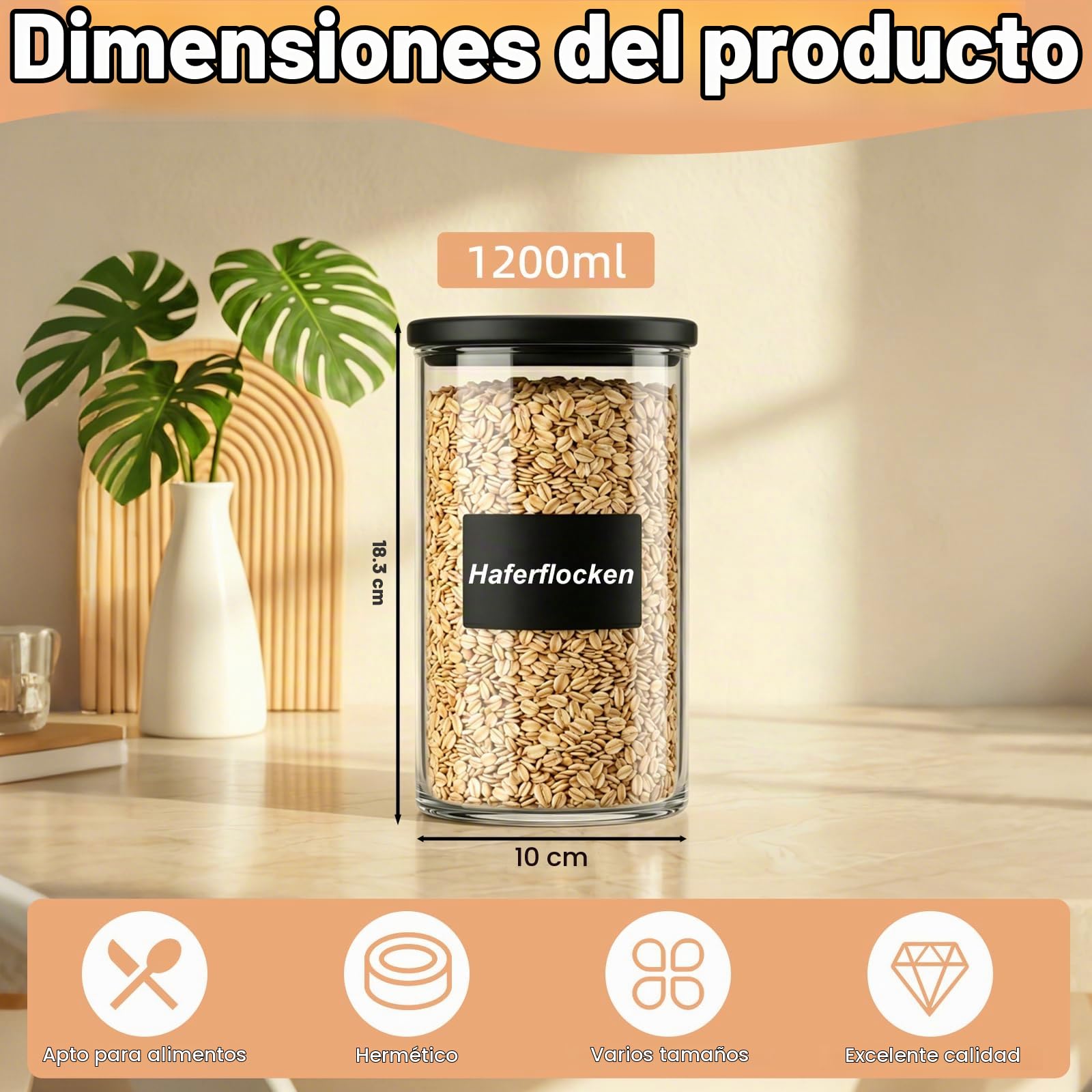 twoant Juego de 4 Redondos Tarros de Cristal Con Tapa Hermética transparente，1200ml Cocina Botes Almacenaje Ideales Para Guardar Especias, Pasta, Legumbres, Avena, Cereales