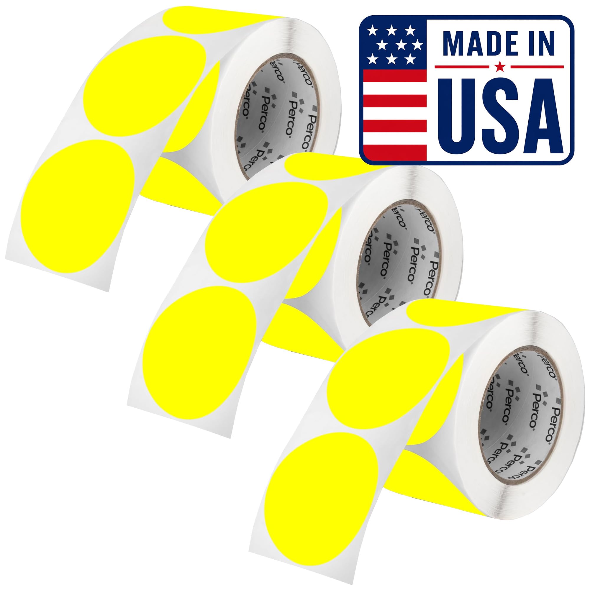 Perco Neon Yellow Perforated Round Circle Dot Sticker 3-Inch Labels — 3 Rolls, 1,500 Stickers - Price Signs, Alerts, Notes &amp; Warning Labels, High Visibility - Made in USA