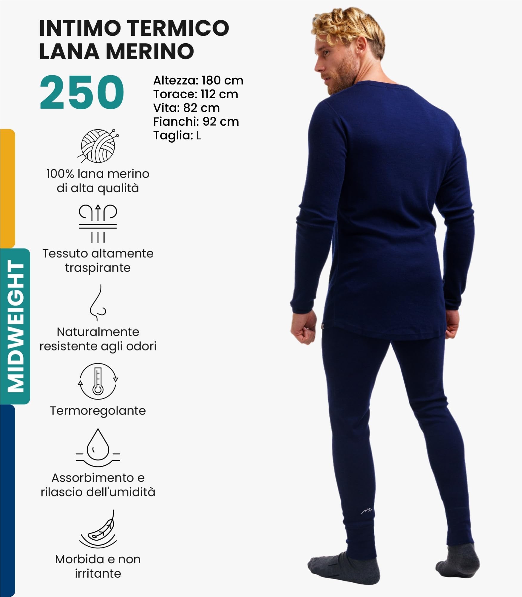 Merino.tech Intimo Termico Uomo Lana Merinos - Completo Termico Uomo Maglia e Pantaloni con Calzini Leggero, Medio, Pesante