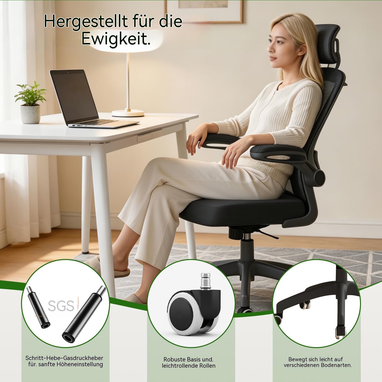 Ergonomischer Bürostuhl, Höhenverstellbarer Schreibtischstuhl – Drehstuhl mit Klappbaren Armlehnen, Atmungsaktivem Mesh, Verstellbarer Kopfstütze und Lendenwirbelstütze – für das Homeoffice, Schwarz