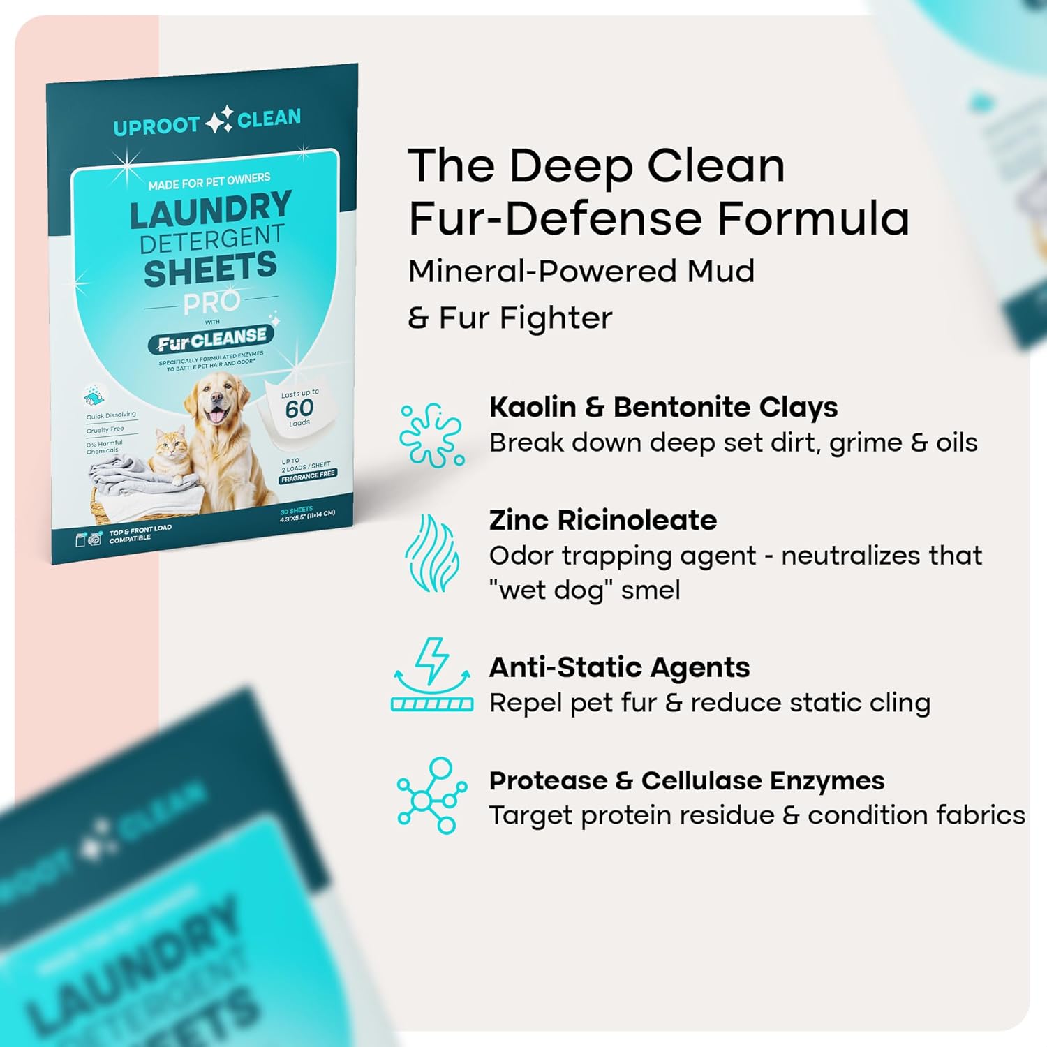 Uproot Clean Laundry Sheets Pro - 30 Pack - Fragrance-Free: Mineral-Powered Laundry Detergent Sheets Travel Pack - Eliminate Clinging Fur, Pet Odors, & Messy Residue - Up to 60 Loads