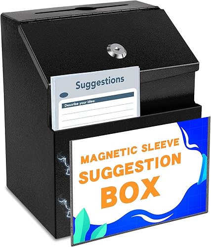 LINSIRON Caja de sugerencias magnética con funda magnética, caja de sugerencias con candado y 50 tarjetas de sugerencia gratis, caja de metal negro,