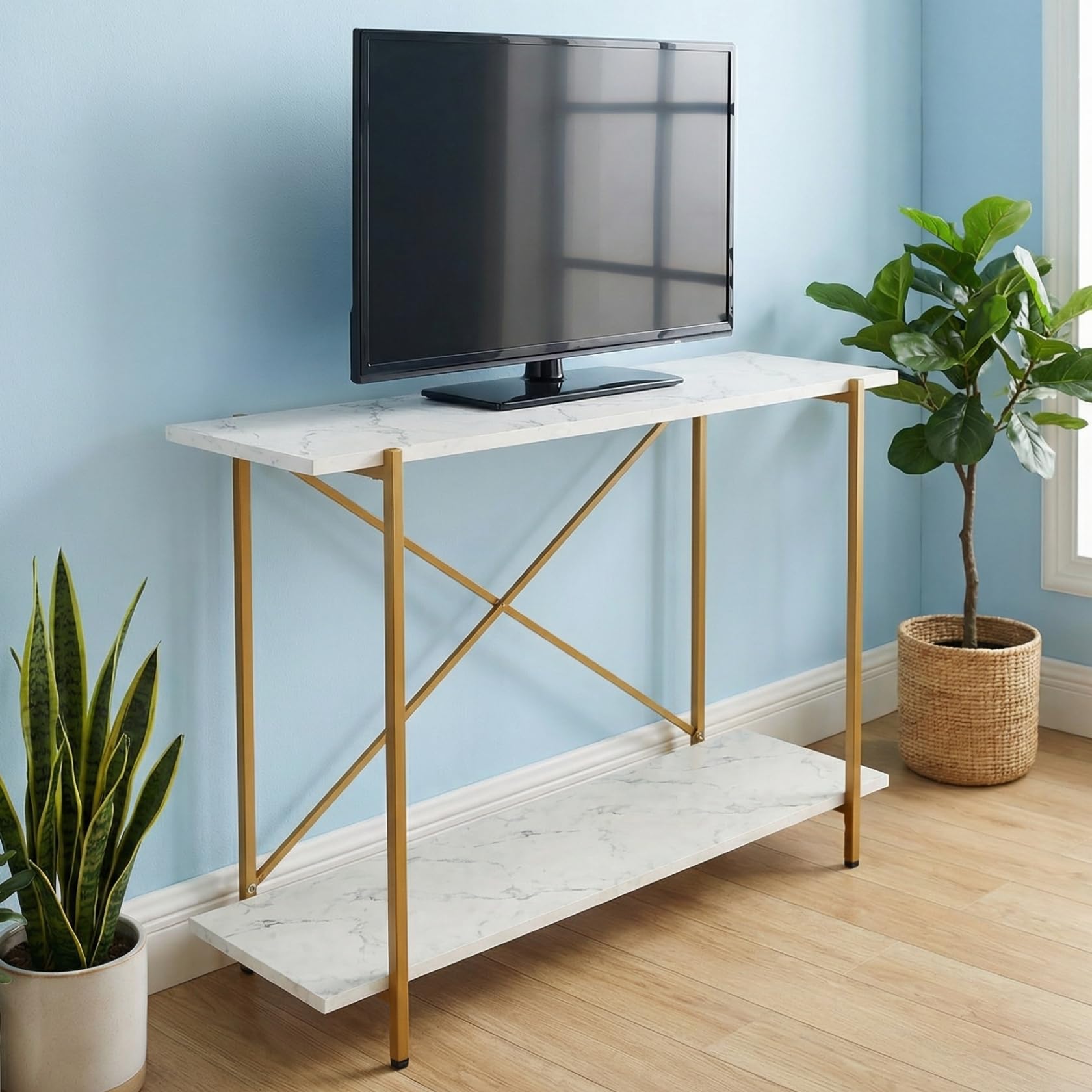 ecofynd Jr Elix 35 Inch Long TV Stand, Metal with Engineered Wooden top Entertainment Unit with Storage Shelf, TV Cabinet, Media Console Table for Living Room, Bedroom, 35"X 9"X 28" (WHTGO, CT002)-image-22