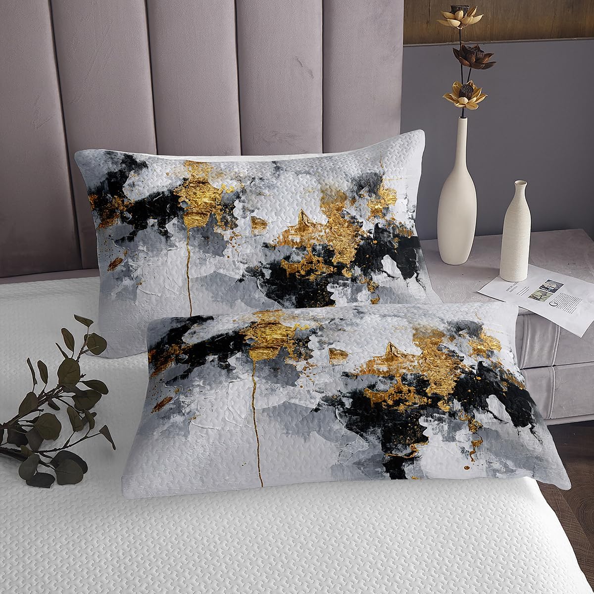 jejeloiu Gold Black Grey Bedspread Queen Size Abstract Geometric Coverlet Set for Boys Girls Modern Art Quilted Coverlet Bedroom Decor Microfiber