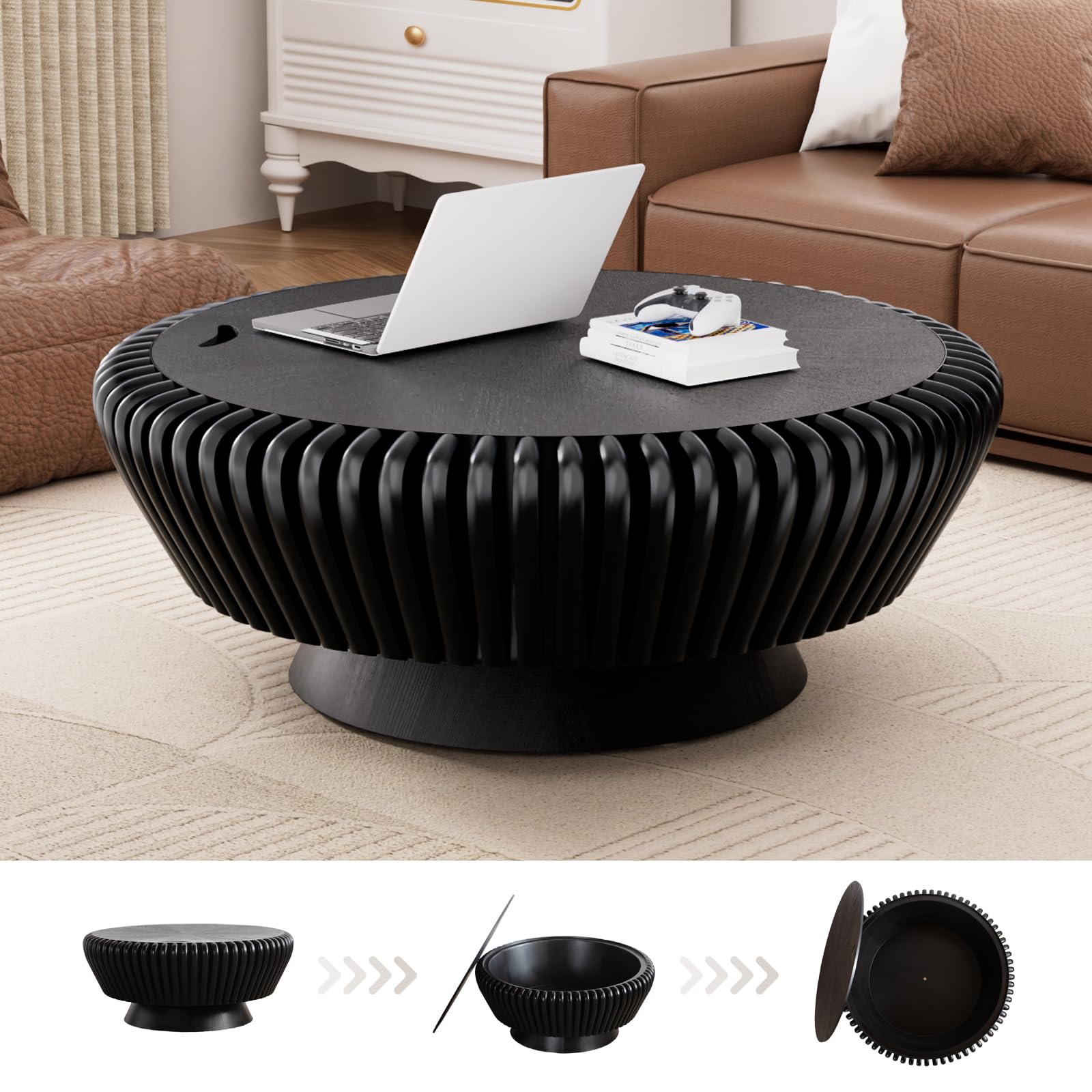 Round Coffee Table with Storage, Mid Century Modern Drum Coffee Table for Living Room, Fluted Circle Center Table with Sturdy Pedestal, Accent Tea