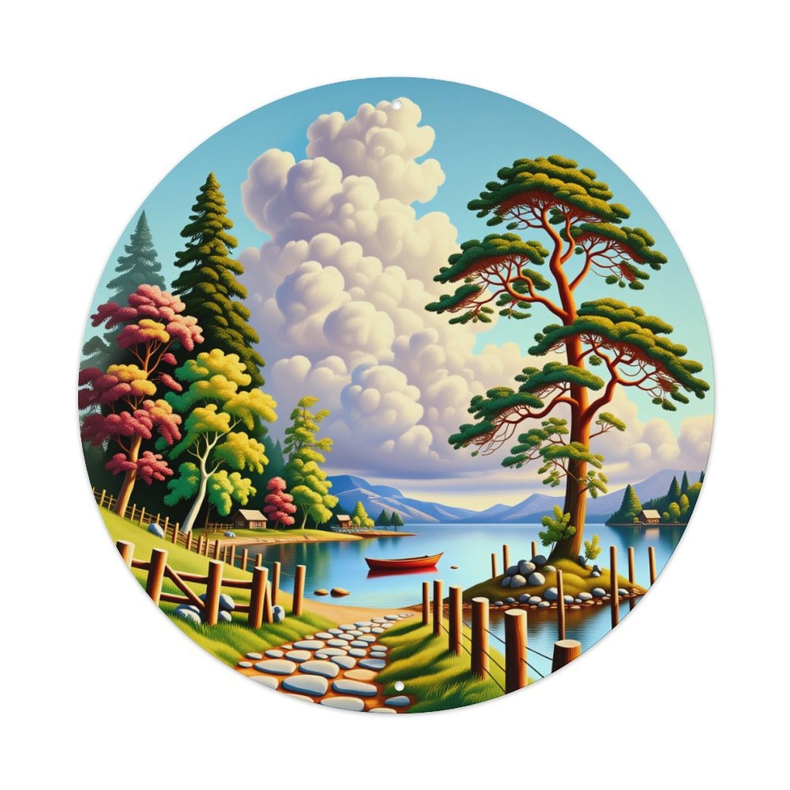 Landscape Lake Trees Path Sky Metal Tin Sign Vintage Garden Bedroom Cafe Bar Man Cave Home Wall Decor Metal Poster 8x8 inches