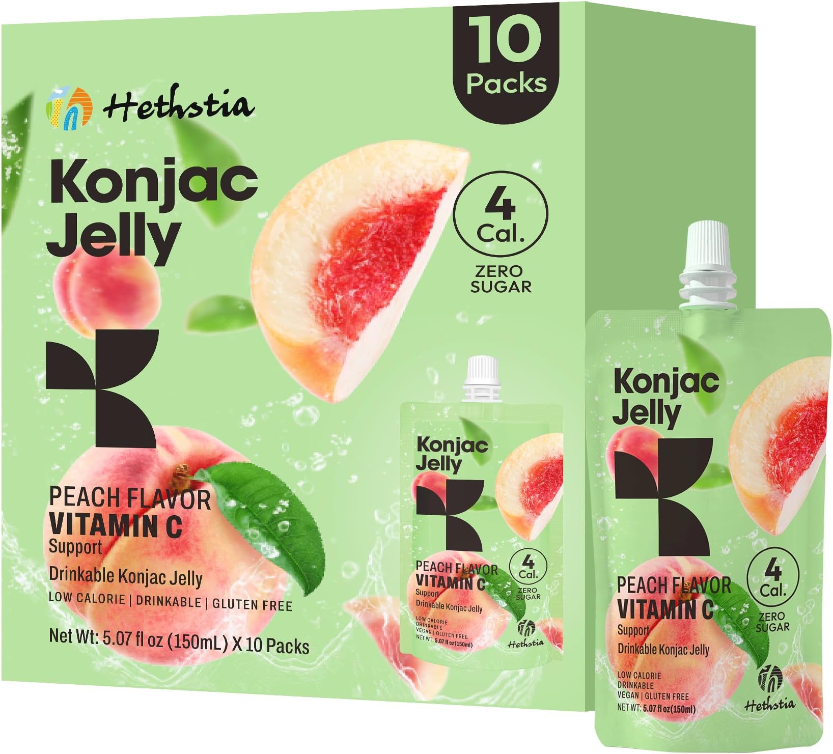 Hethstia Konjac Jelly Peach Flavor, Drinkable Peach Jelly Squeeze Pouches, 0 Sugar, 4 Calories, Keto, Vegan, Gluten-Free, Vitamin C Healthy Snacks & Gifts, 10 Packs