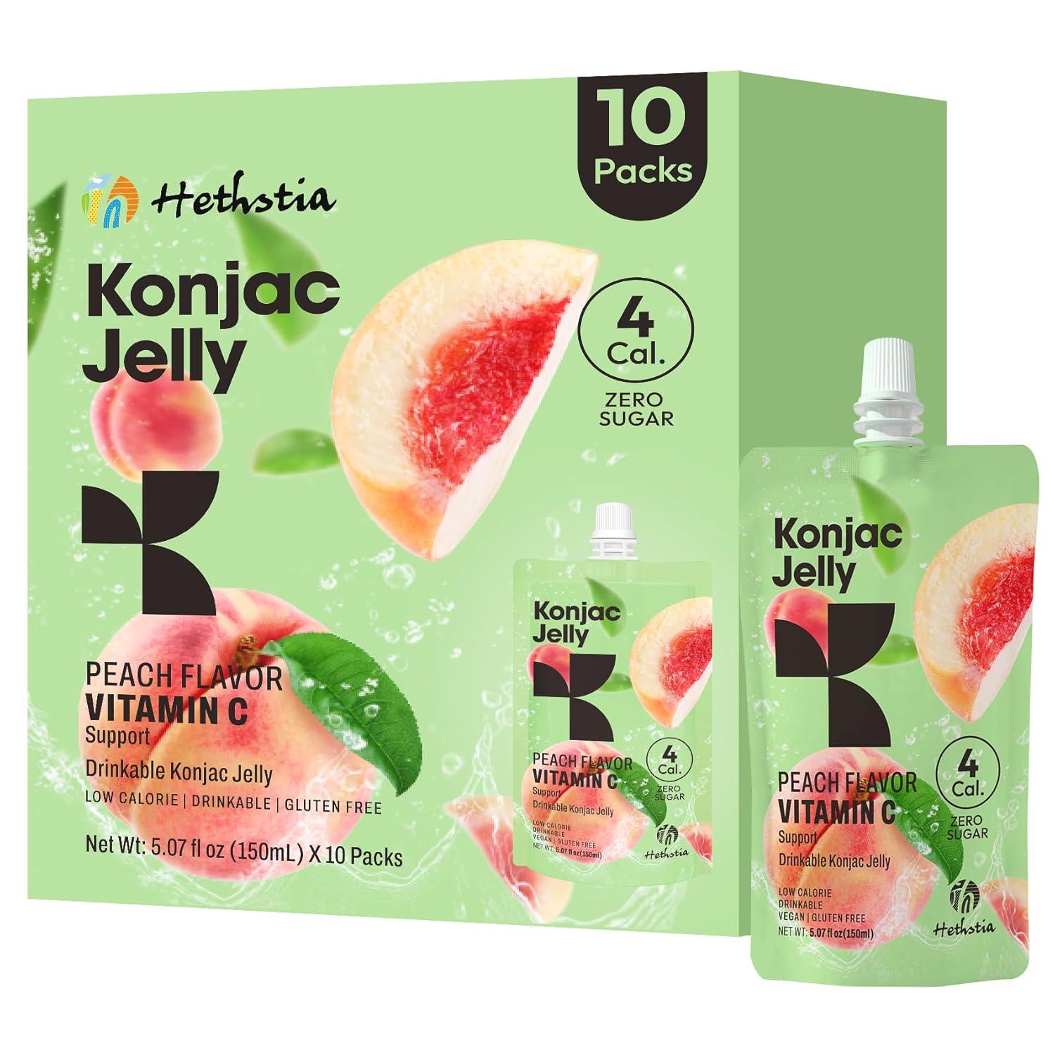 Hethstia Konjac Jelly – Peach Flavor Drinkable Snack, 10-Pack Squeeze Pouches | 4 Calories, 0 Sugar, Vitamin C | Keto, Vegan, Gluten-Free, Healthy Low-Calorie Snack & Gift