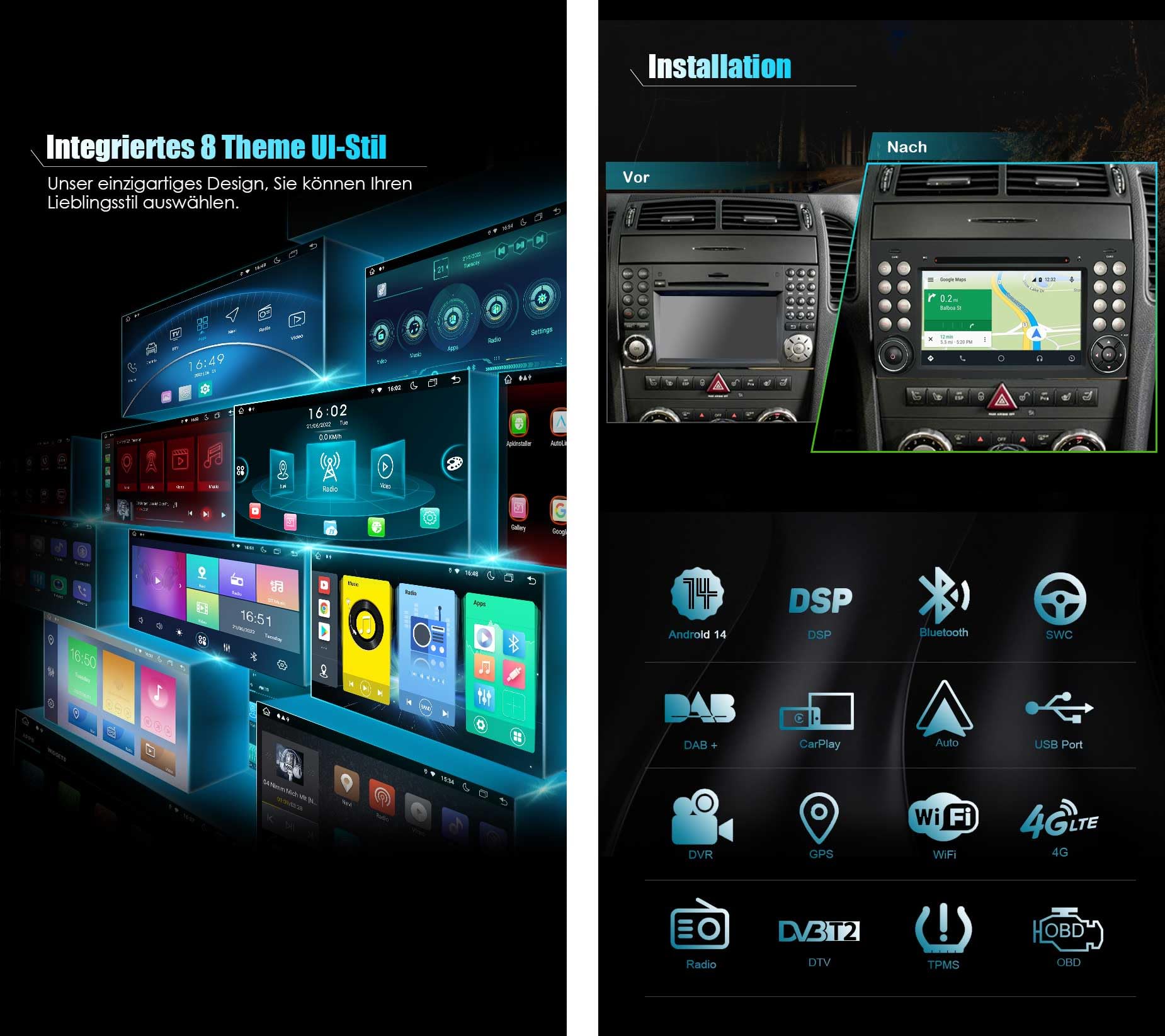 Radio samochodowe z systemem Android 14 z 8 rdzeniami, 4GB+64GB, DAB+ GPS, Bluetooth dla Mercedes BENZ klasy SLK W171 R171 z nawigacją, obsługuje bezprzewodowe CarPlay, Android AUTO, WiFi 4G