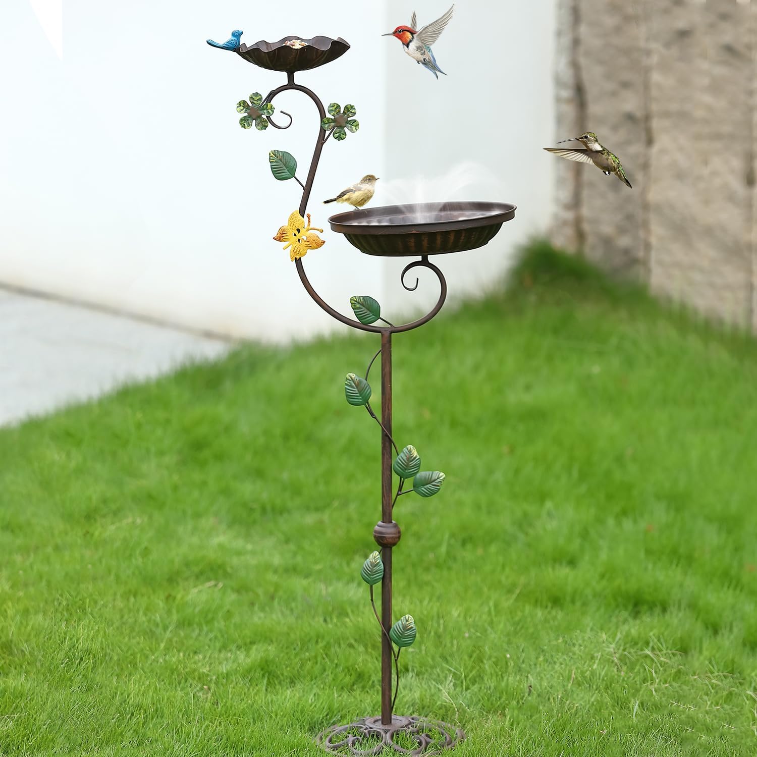 Vogeltränke aus Metall für den Außenbereich, 111,8 cm Höhe, Gusseisen, Podest, Vogeltränke und Futterspender, Vintage, robuste, robuste Vogeltränke, hohe Florale Akzente, Vogeltränke für