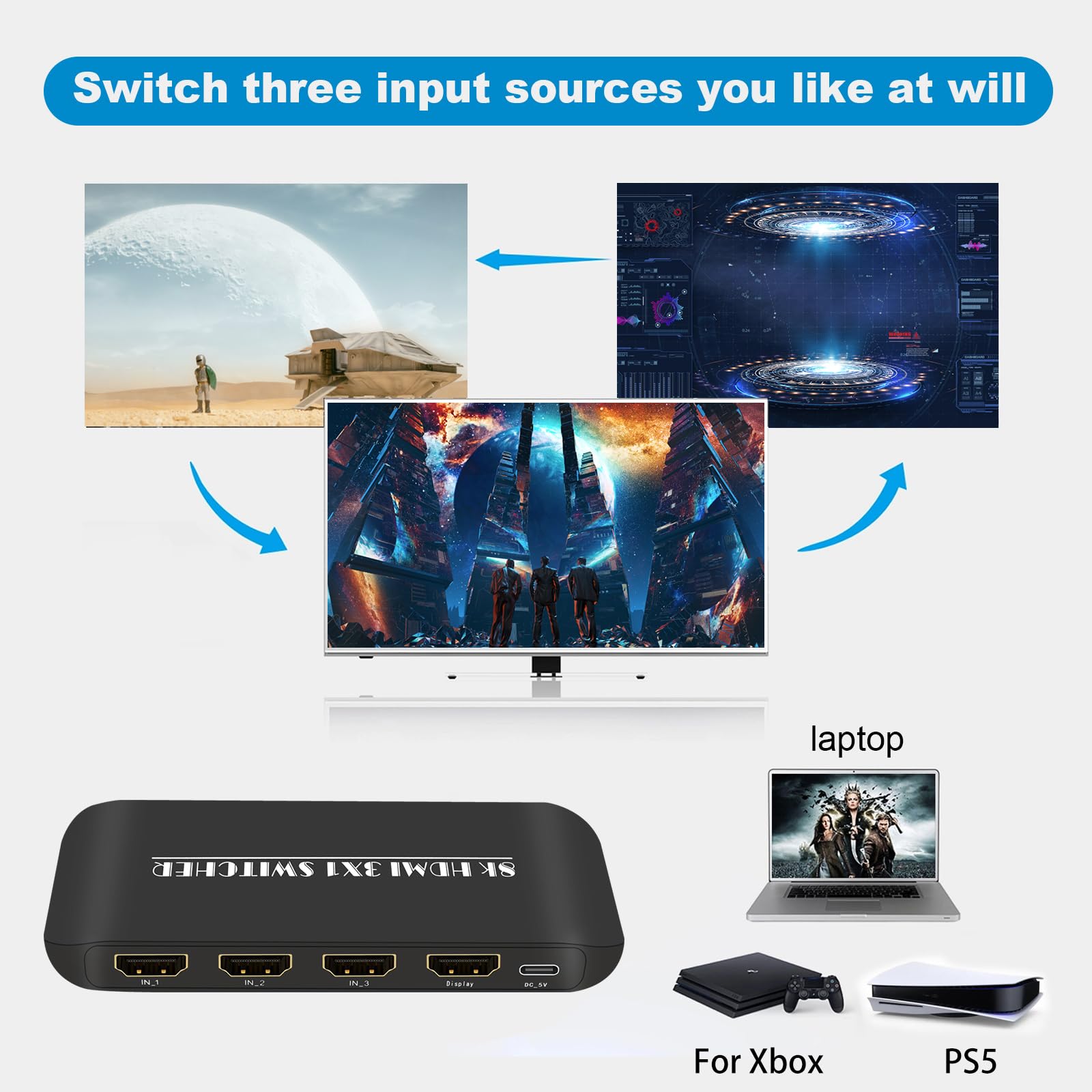 HDMI-Umschalter, 8K/60 Hz, 4K/120 Hz HDMI-Splitter, 3-in-1-Ausgang, HDMI-Umschalter, Unterstützt HDCP 2.3, LPCM7.1, DTS-HD, Dolby-True HD, DTS-X, Dolby Atoms