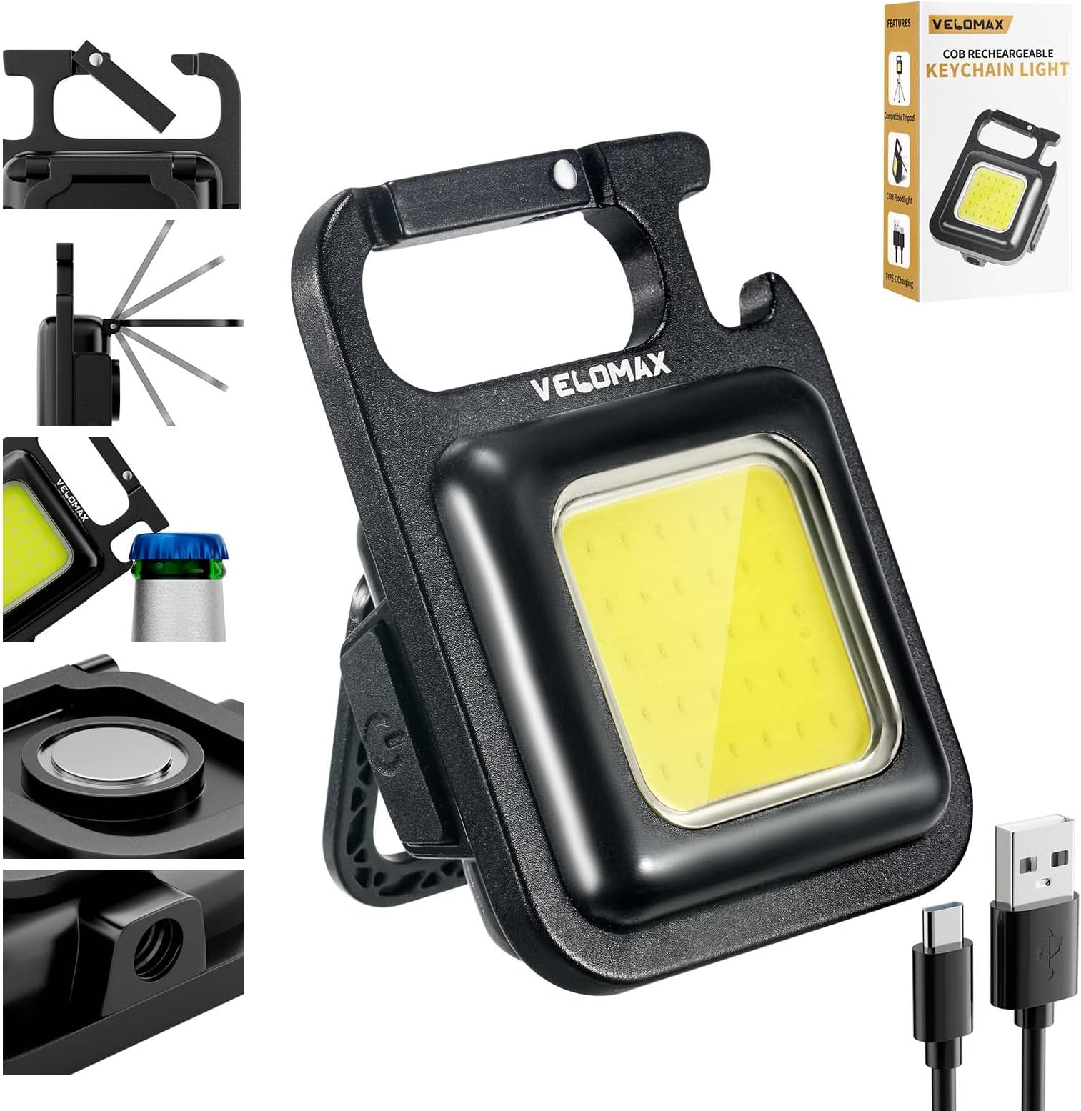 VELOMAX Keychain LED Light 4 Hours Battery Life with Bottle Opener, Magnetic Base and Folding Bracket Mini COB 800 Lumens Rechargeable Emergency Light, Square with 4 Modes