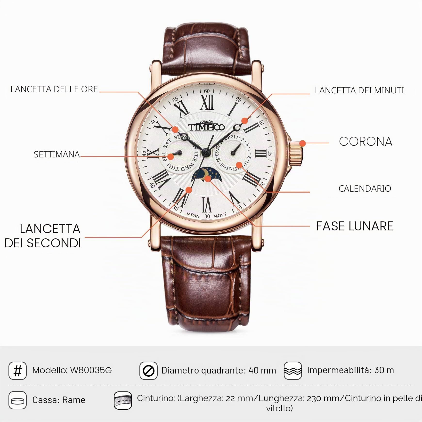 TIME100 Orologio Cronografo Uomo Analogico al Quarzo Quadrante Scheletro Calendario Multifunzionale Luminoso Elegante Sportivo Impermeabile