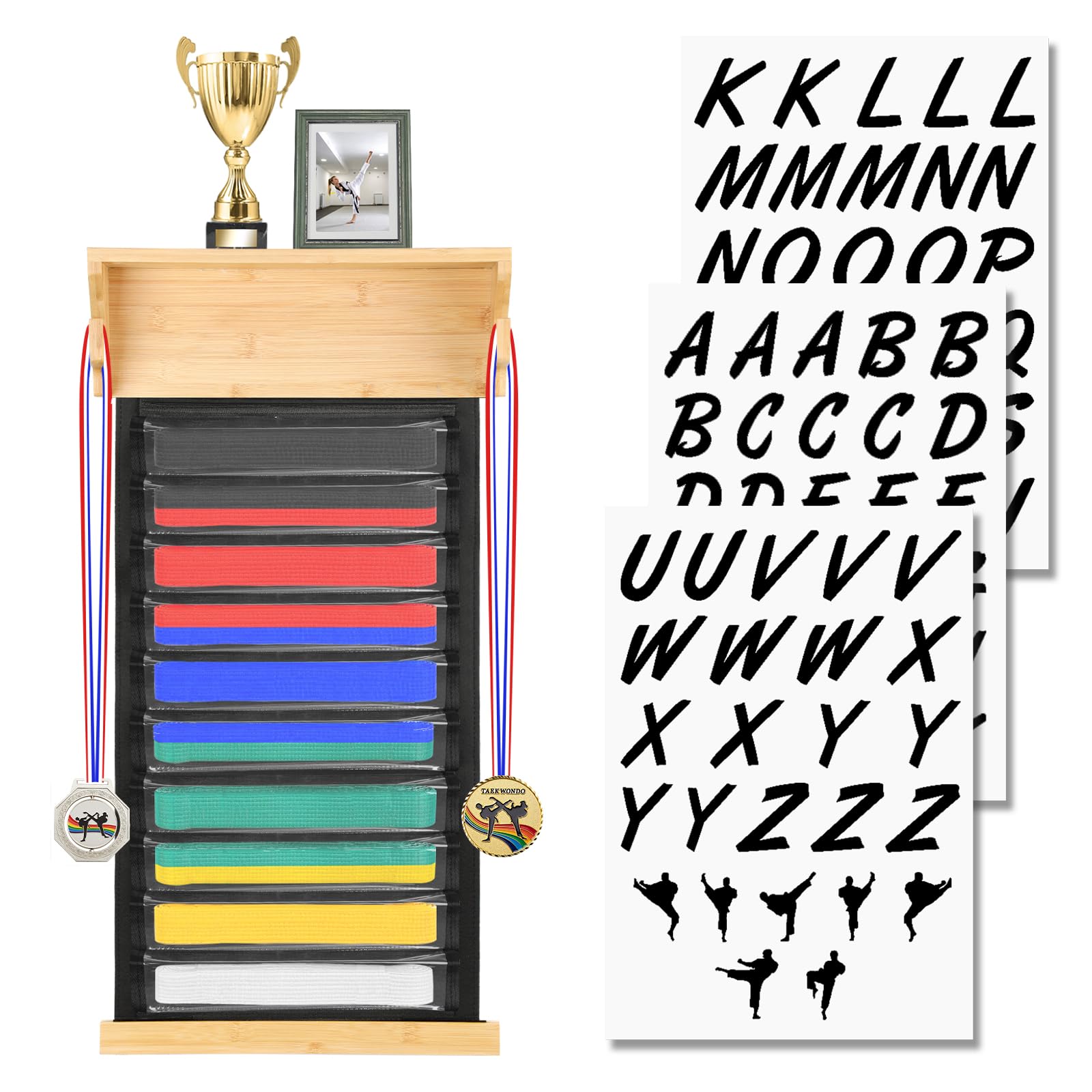 SUMNACON Staubdicht Kampfsport Gürtelhalter für 10 Gürtel Taekwondo-Gürtelständer Wandmontage Gürtel Display für Medail Trophäen Zertifikate Foto Judogürtel Karategürtel Ninjitsu-Gürtel als Geschenk