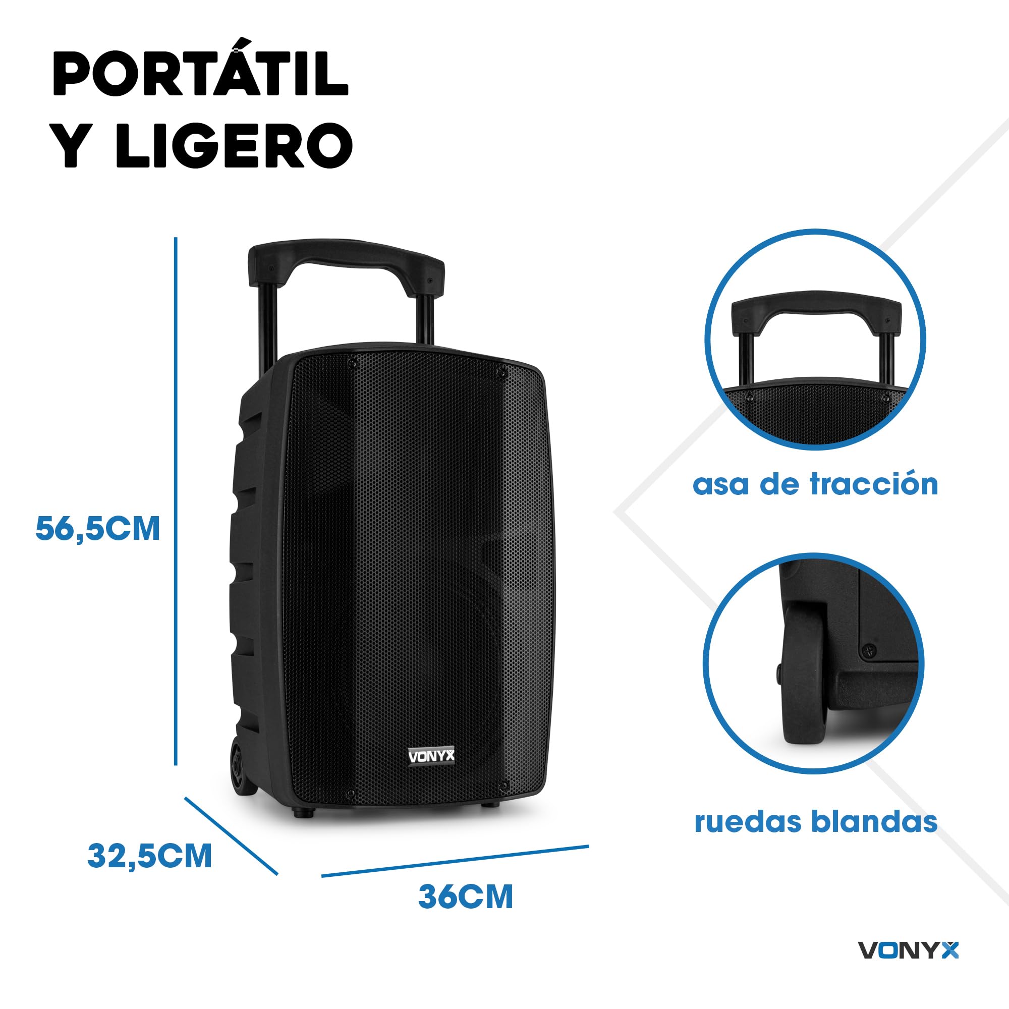 Vonyx VSP200 Altavoz Autoamplificado 200W con Batería, Bluetooth, Radio FM, USB/SD, Reproductor MP3 y 2 Micrófonos Inalámbricos – Sonido Portátil Recargable Ideal para Eventos, Fiestas o Exterior