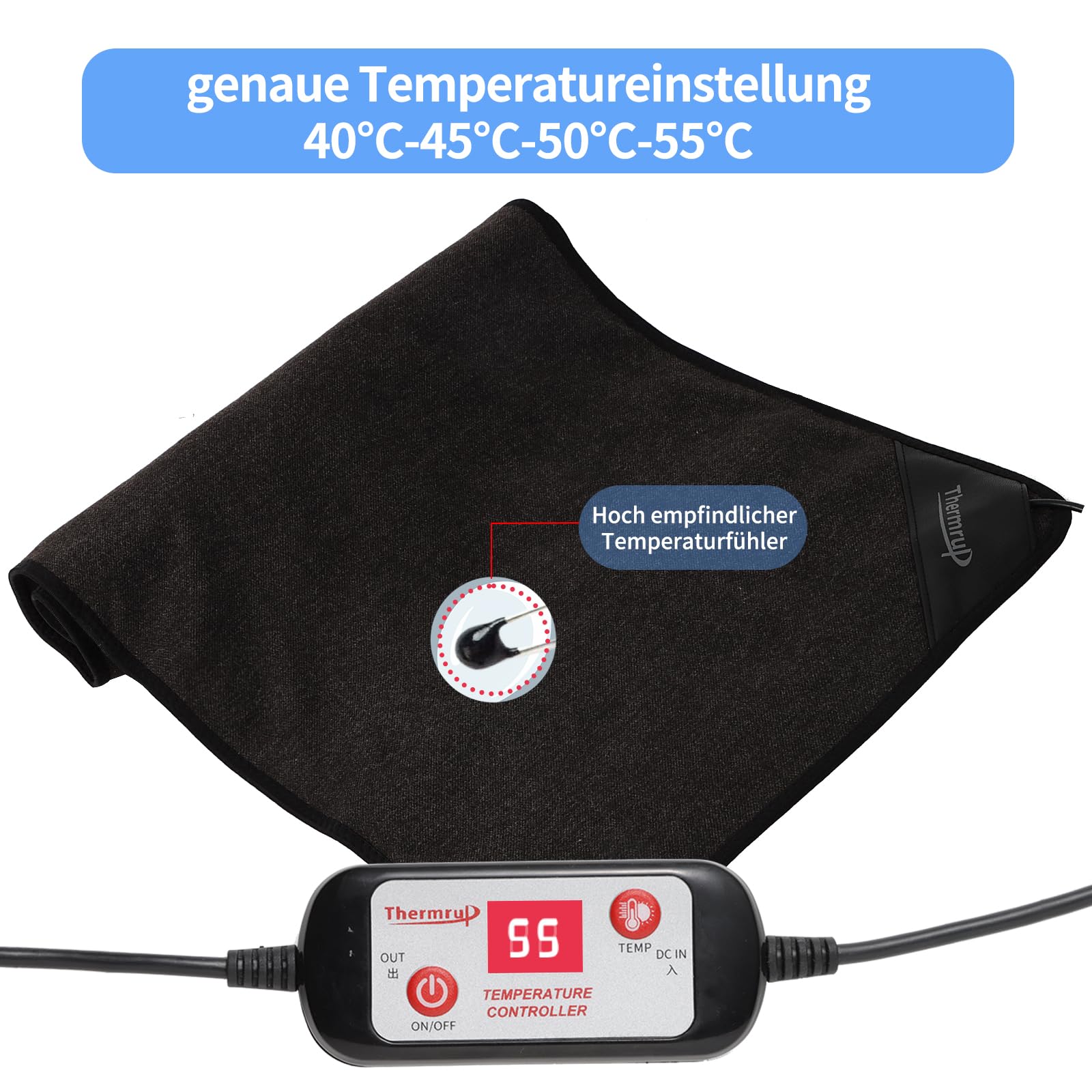 Thermrup Poduszka grzewcza na podczerwień 35 x 60 cm z gumowym elementem grzejnym i dokładną regulacją temperatury od 40°C do 55°C