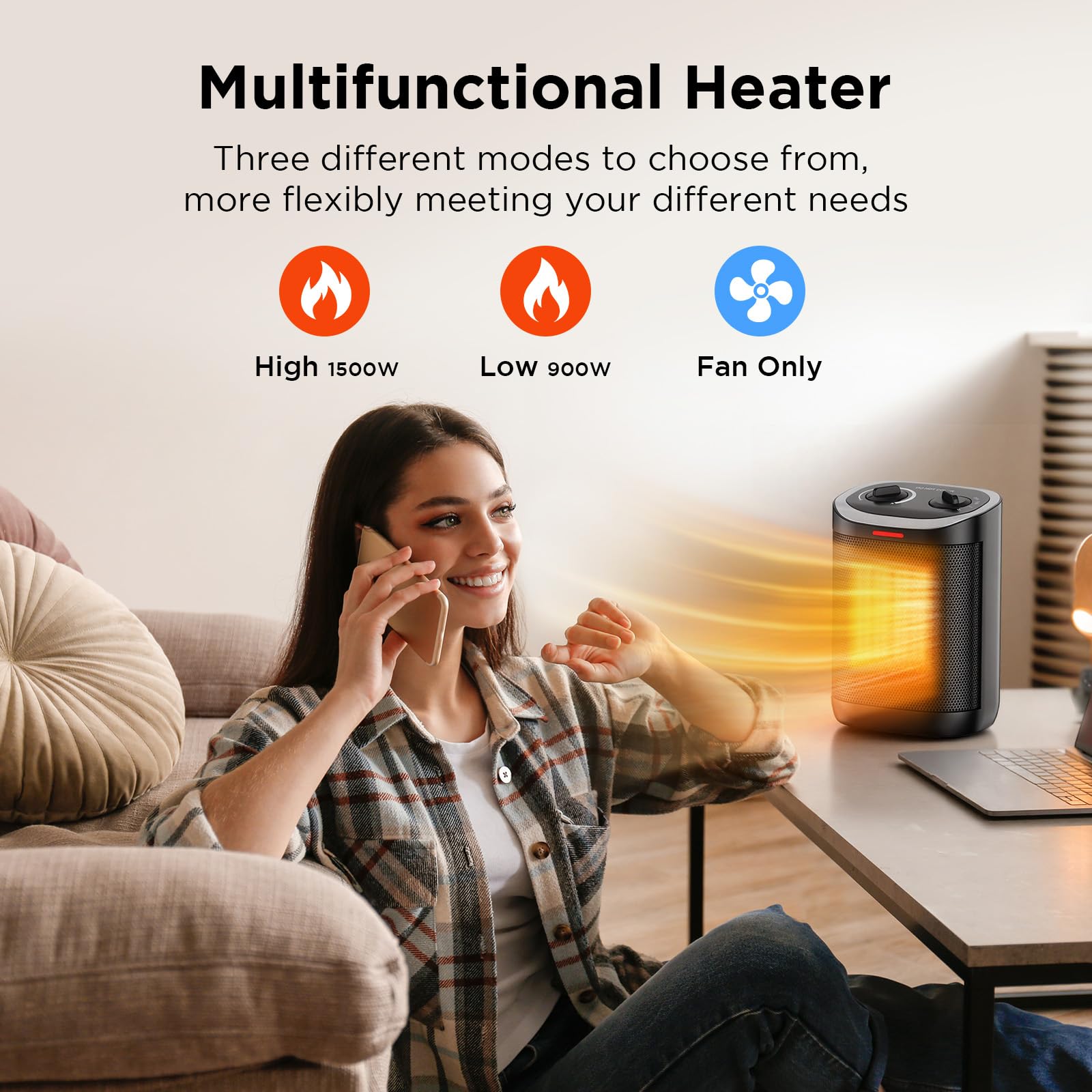 Calefactor eléctrico de espacio para interiores, de cerámica PTC de 1500 W con termostato, calentamiento rápido de 2 segundos, 3 modos y protección de seguridad, portátil, para recámara, oficina
