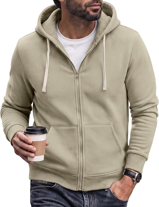 JMIERR Men's Full-Zip Fleece Hoodie Sweatshirt, Beige, M