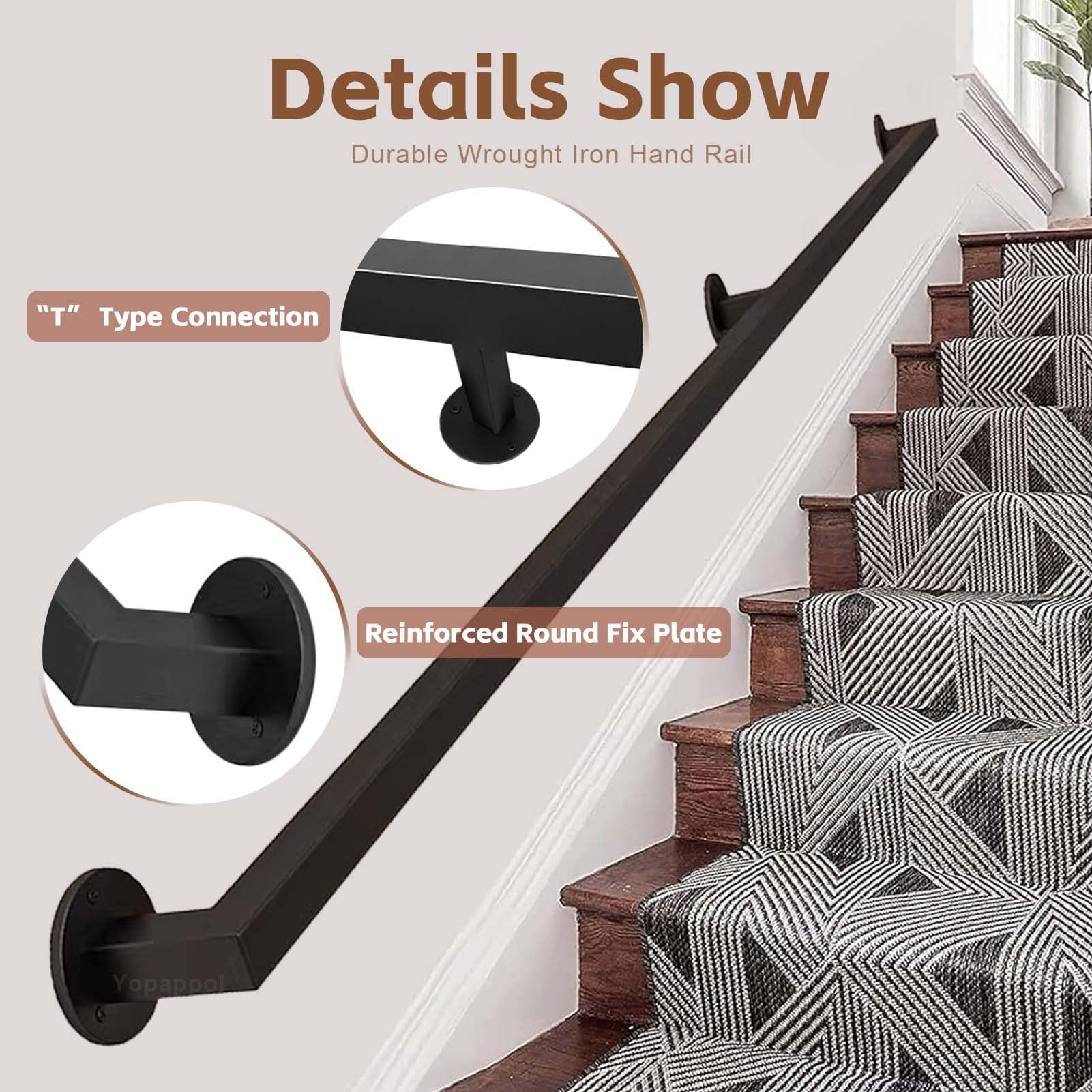 Schwarzer Metall-Treppen-Handlauf für den Innenbereich, rutschfest, verzinktes Rohr, Sicherheits-Haltegriff, 200 cm, Wandhalterungen und Metallschrauben im Lieferumfang enthalten