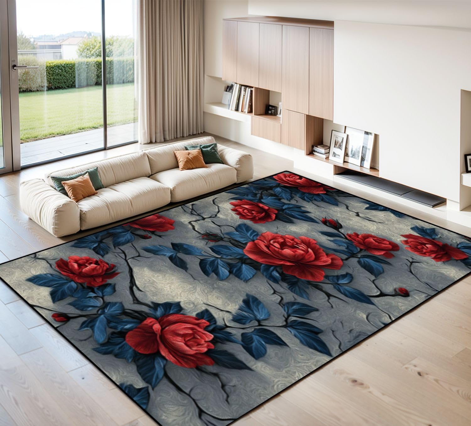 Washable Area Rug 6x9 for Living Room, Large Soft Red Black Roses Floral Dark Rugs for Bedroom Dining Room, Non-Slip Foldable Under Table Rug